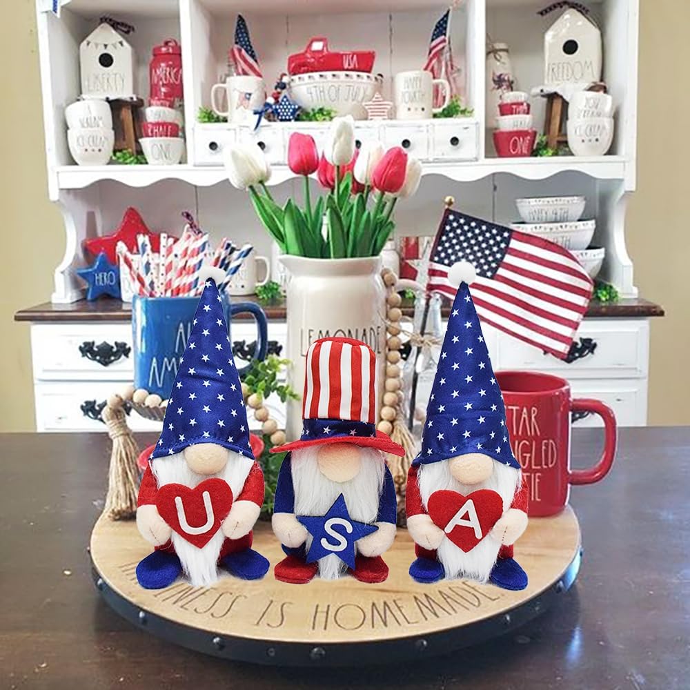 3 Pcs Patriotic Gnomes Decorations for Home, Handmade USA Election Santa Gonk National Memorial Day Ornament,Cute Tiered Table Decor 4th of July