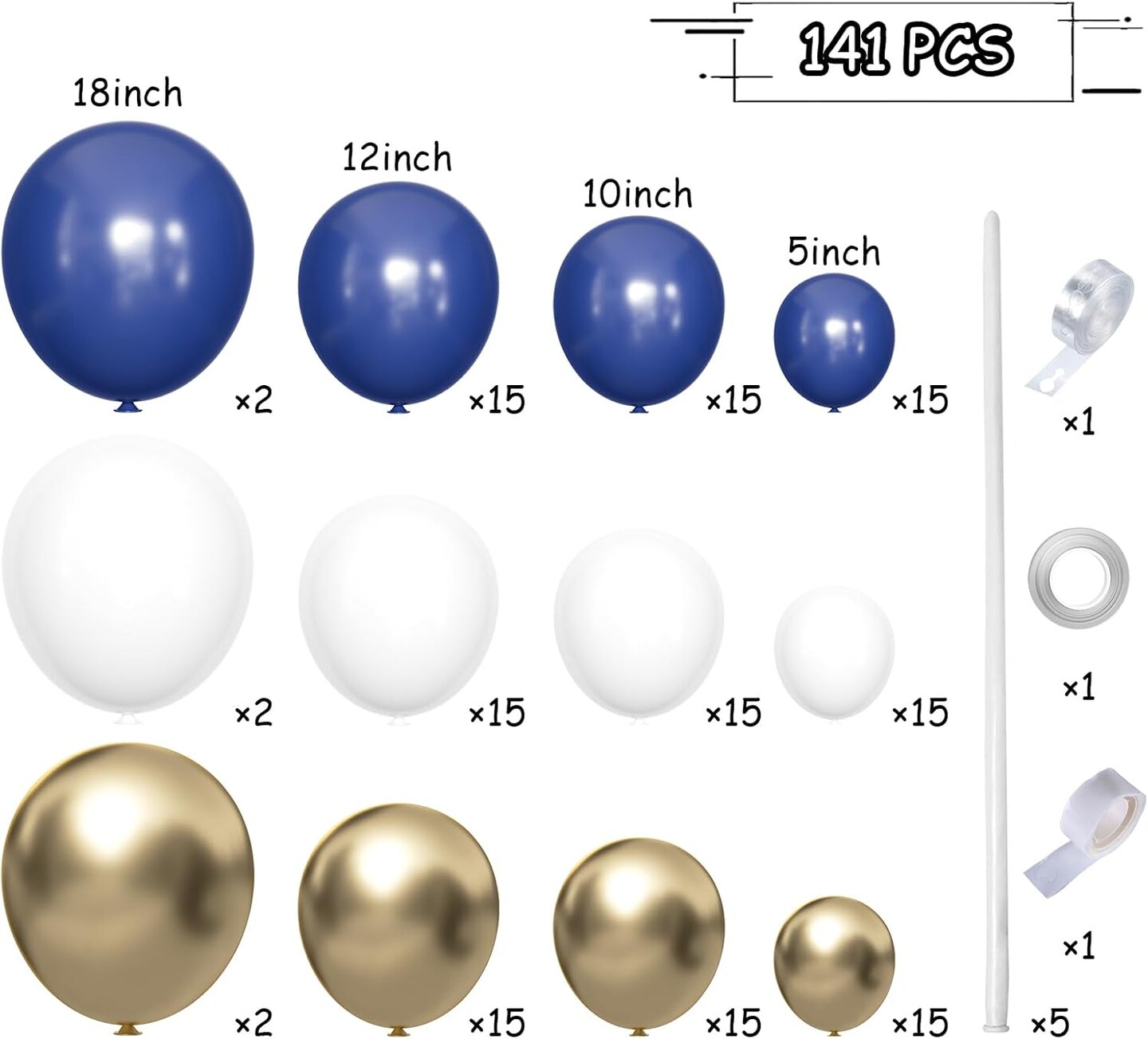 141Pcs Blue White Gold Latex Balloons Garland Arch Kit