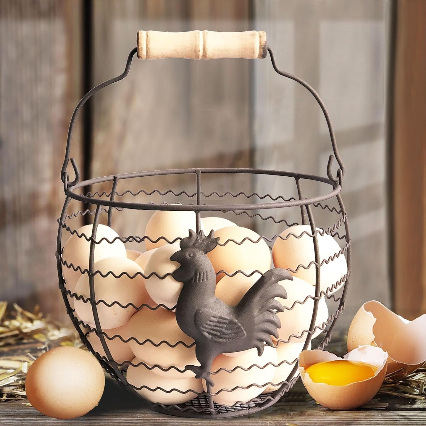 Wire Egg Basket for Gathering Fresh Eggs Collecting Basket With Handle,Rusty Chicken Decorated Small Chicken Egg Basket