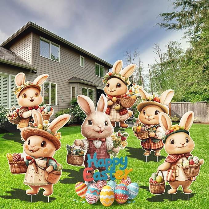 6 PCS Easter Bunny Decorations Outdoor Easter Bunny Yard Signs Cute Easter Yard Decorations Outdoor with 12 Plastic Stakes Waterproof Easter Bunny Lawn Signs Spring Home Garden Decor
