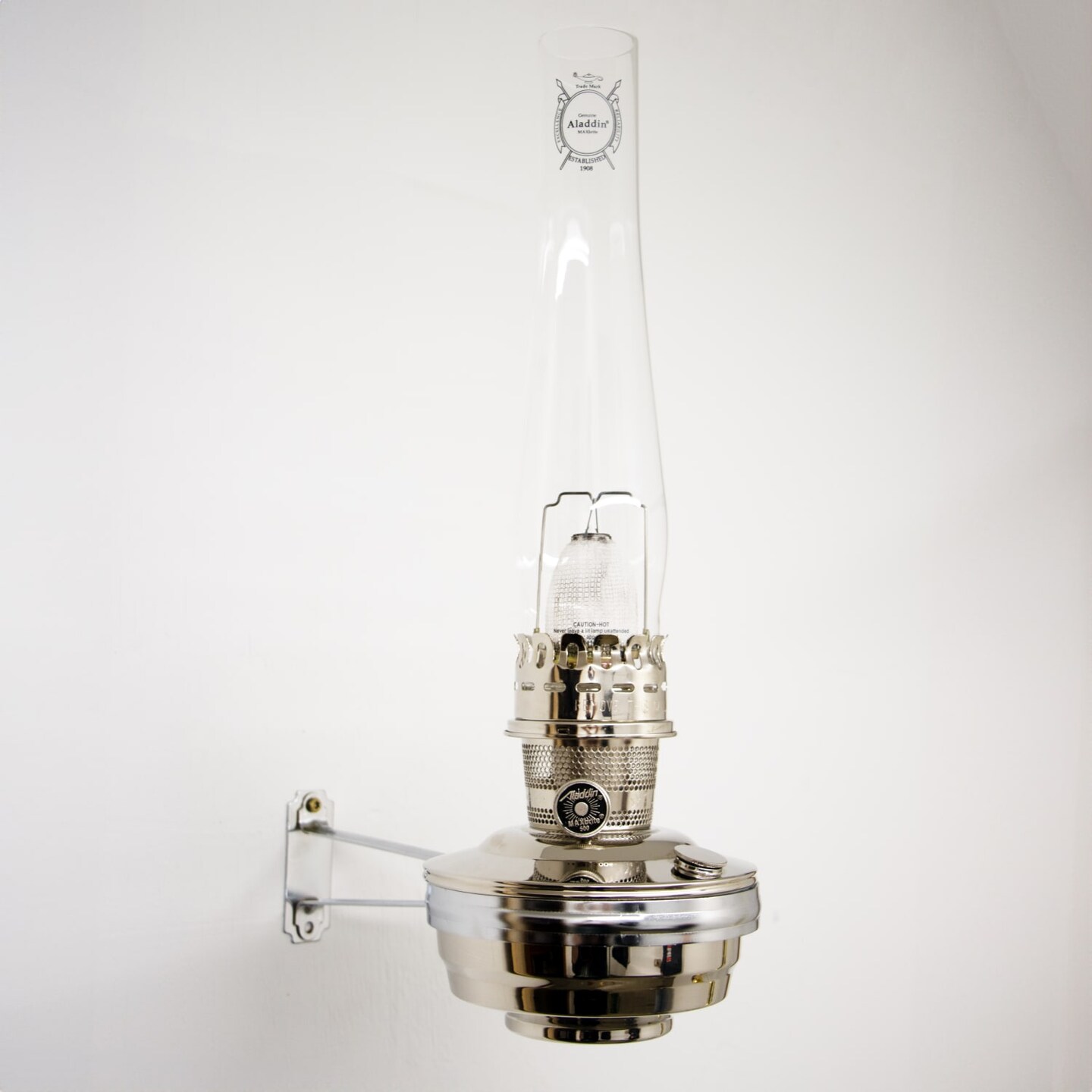 Aladdin Wall Oil Lamp with Wall Bracket, Indoor Emergency Fuel Lighting for Wall, Shelf, Table or Hanging, Chrome or Brass Finish