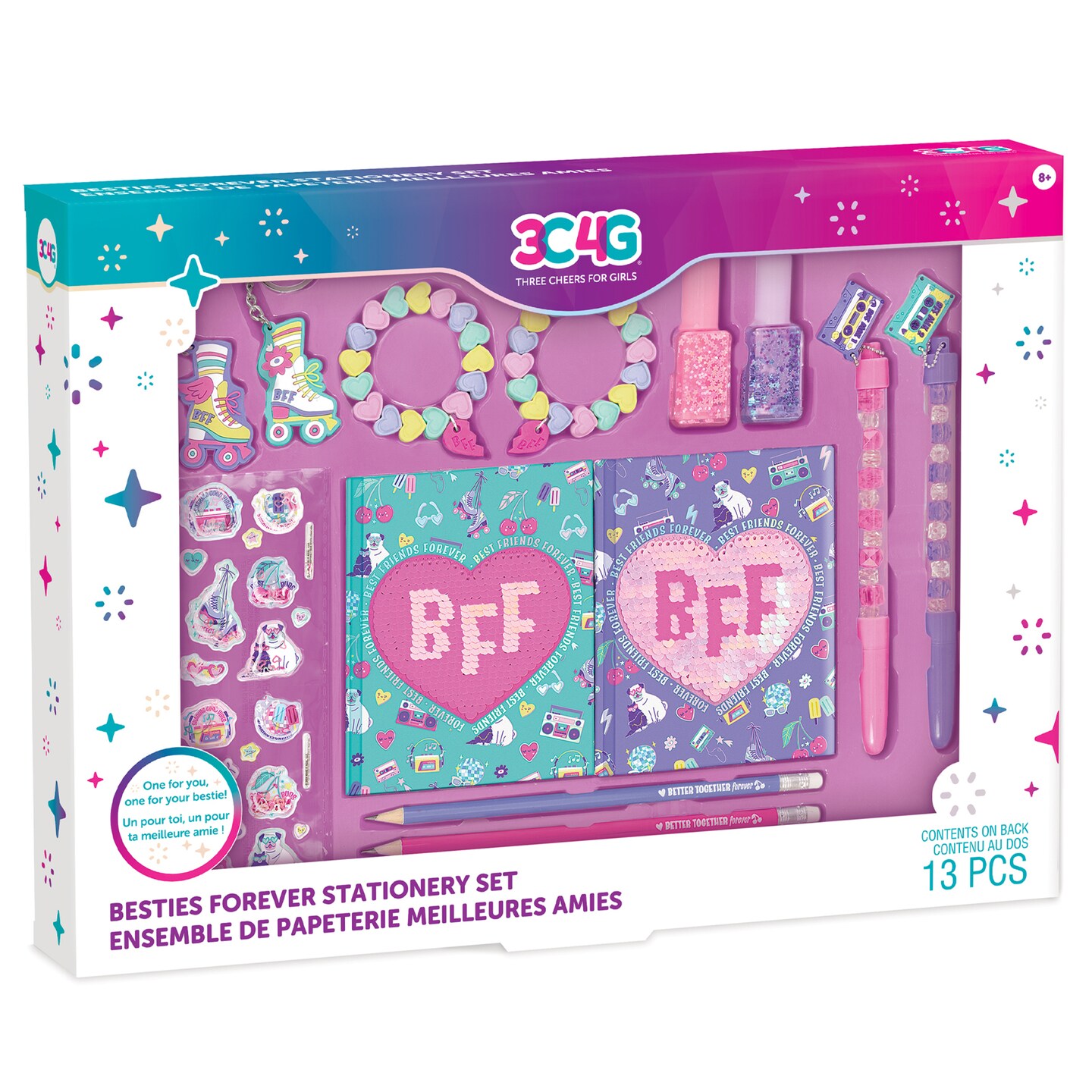 3C4G: Besties Forever Stationery Set - 13pc Matching BFF Set, Journals-Stickers-Bracelets-Keychains-Nail Polish, Three Cheers For Girls, Kids Ages 8+