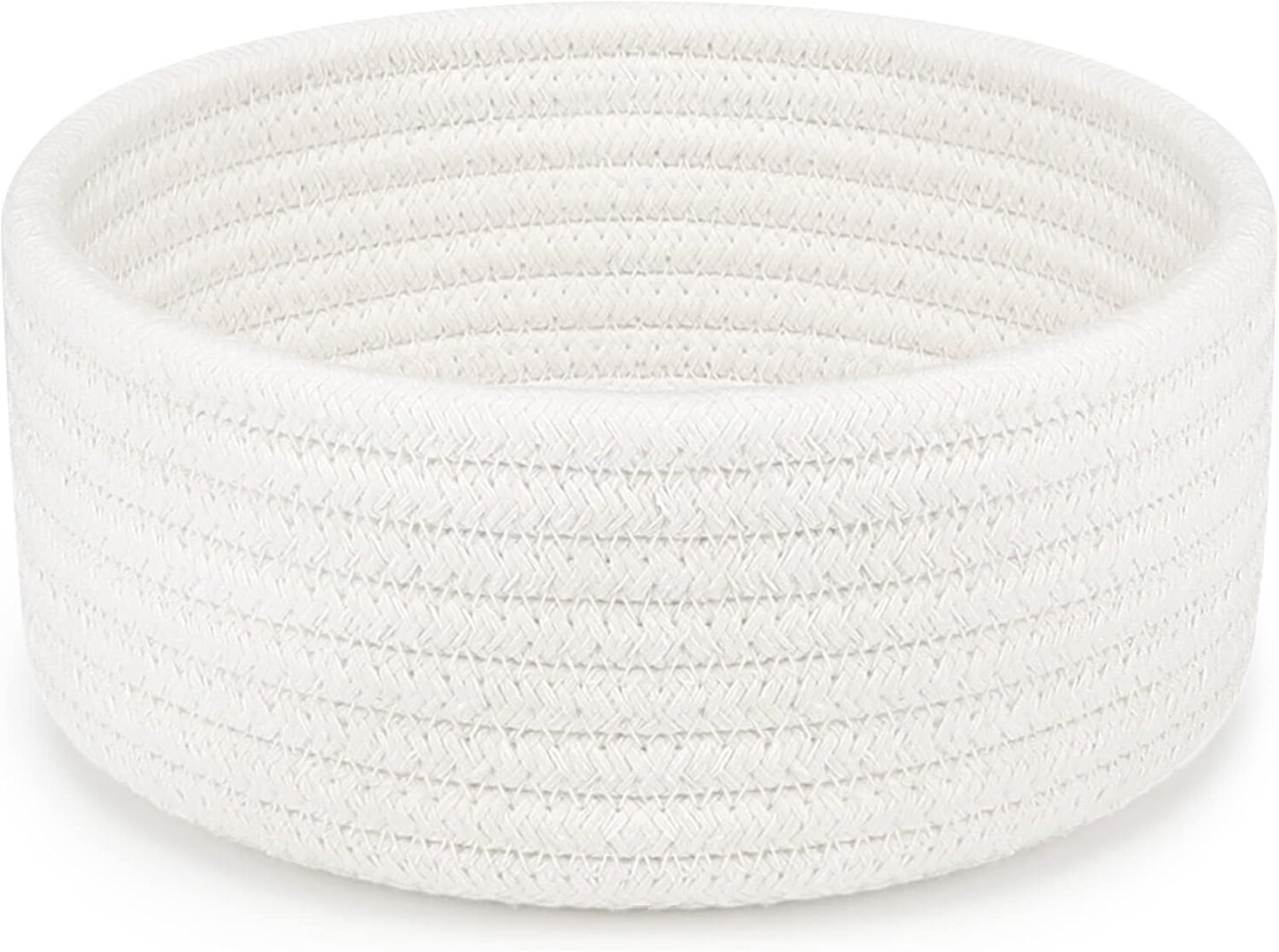 Small Woven Basket, Empty Tiny Shallow Storage Basket, Mini Cotton Rope Baskets, Round Decorative Hamper, Basket Storage Bins for Toys, Spa, Socks, Nursery, Living Room- White