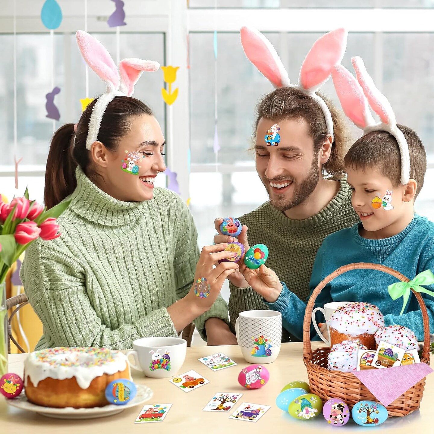 96 PCS Easter Temporary Tattoos for Kids, Pre-cut Fake Tattoos Easter Tattoos Hot Silver Stamping Kid Tattoos Temporary Eggs Bunny Tattoos Easter Basket Stuffers Prizes for Kids Adult