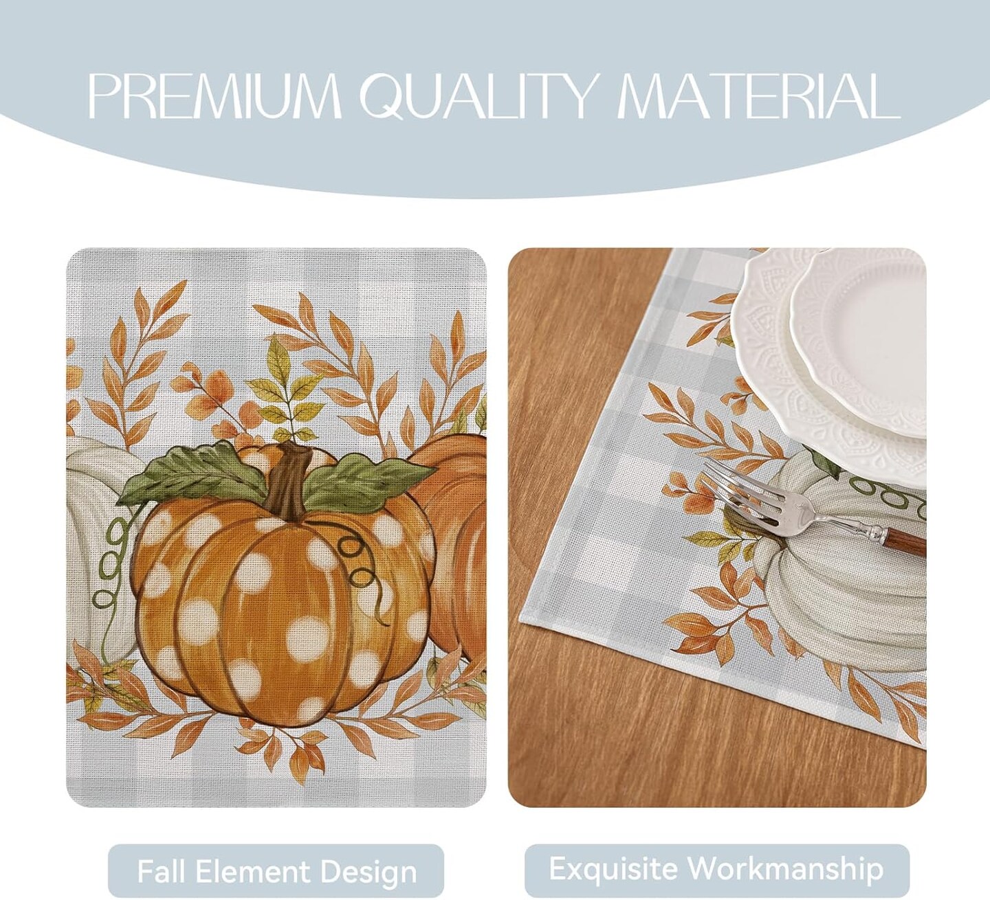Set of 4 Pumpkin Grey and Blue Buffalo Plaid Placemats - 12 X 18 Inch