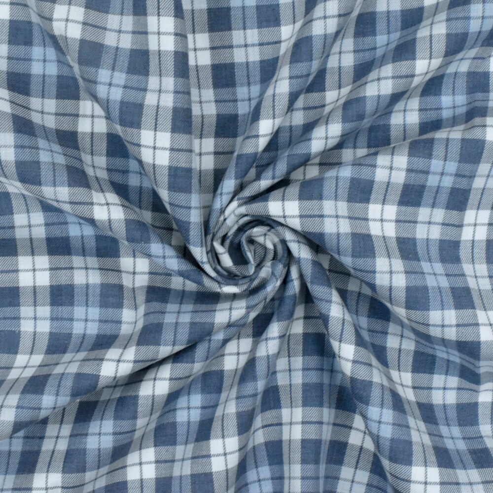 Blue-Navy-White Plaid Cotton Twill Woven Fabric By the Yard