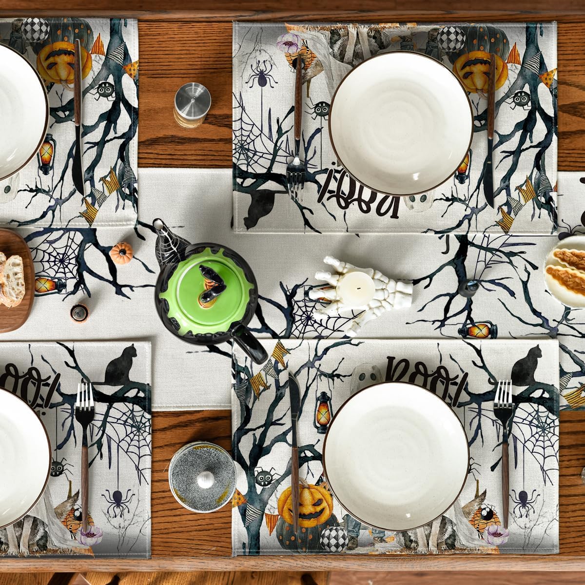 Set of 4 Ghost Pumpkins Halloween Placemats - 12x18 Inch (Black/Beige)