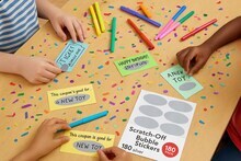 Scratch Off Stickers Assorted Shapes – Bubble, Oval, Rectangle & Burst, 180 Count, 2.5" x 1"