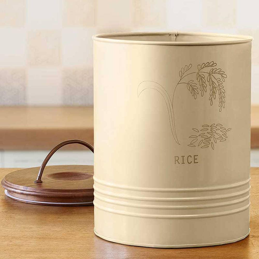 Metal Rice Storage Barrel with Wooden Lid - Sleek &#x26; Durable Kitchen Canister-8.6X8.6X11&#x22;