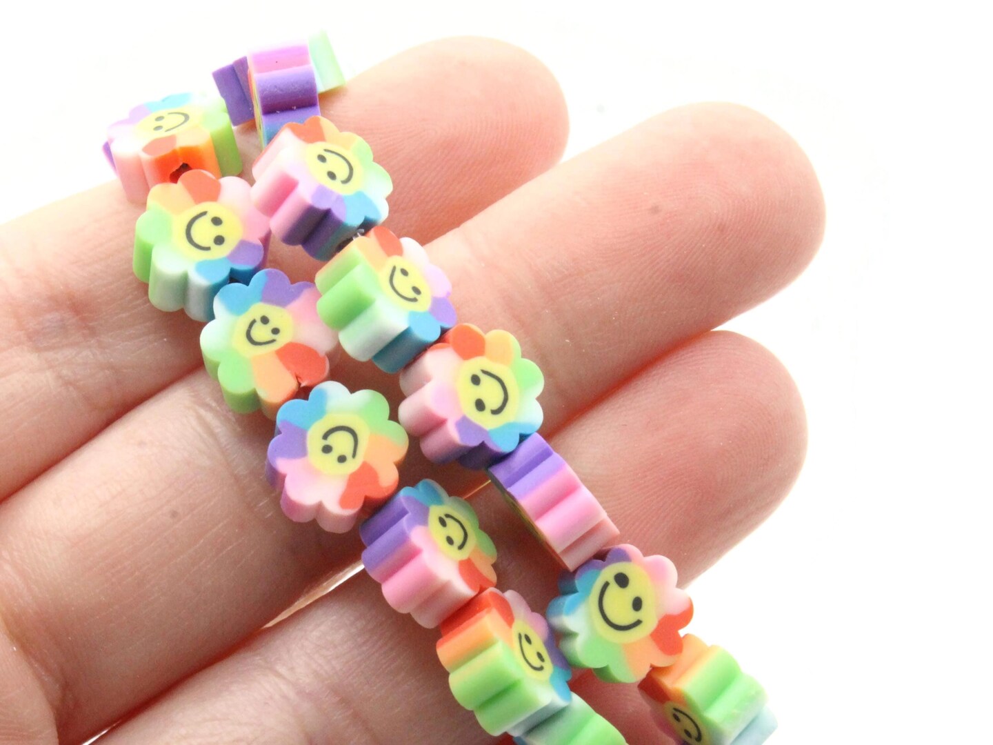 39 9mm Smiley Face Flower Polymer Clay Mixed Color Small Coin Beads