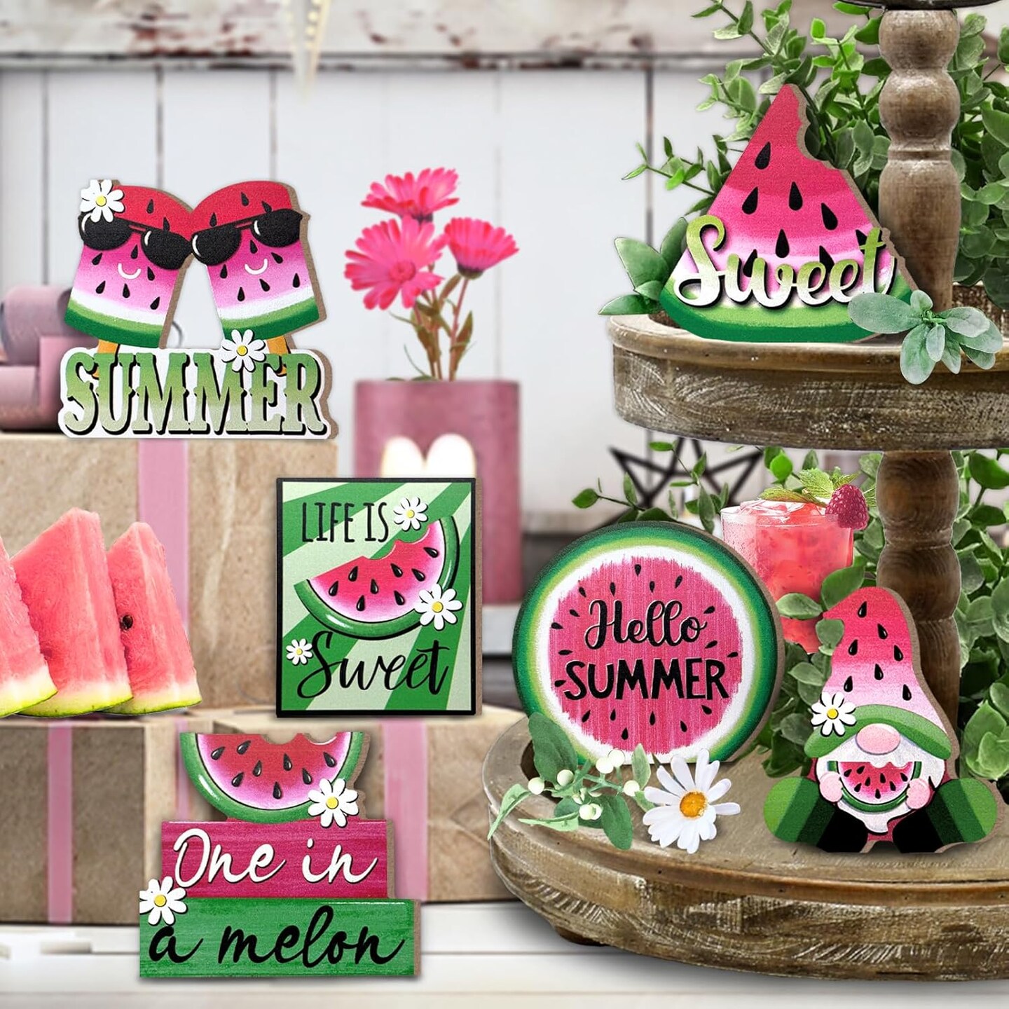 Summer Tiered Tabletop Decor, Pink Green Watermelon Tray Decorations, Hello Summer Sweet Popsicle Gnome Wooden Sign, Farmhouse Rustic Decorations for Home Table