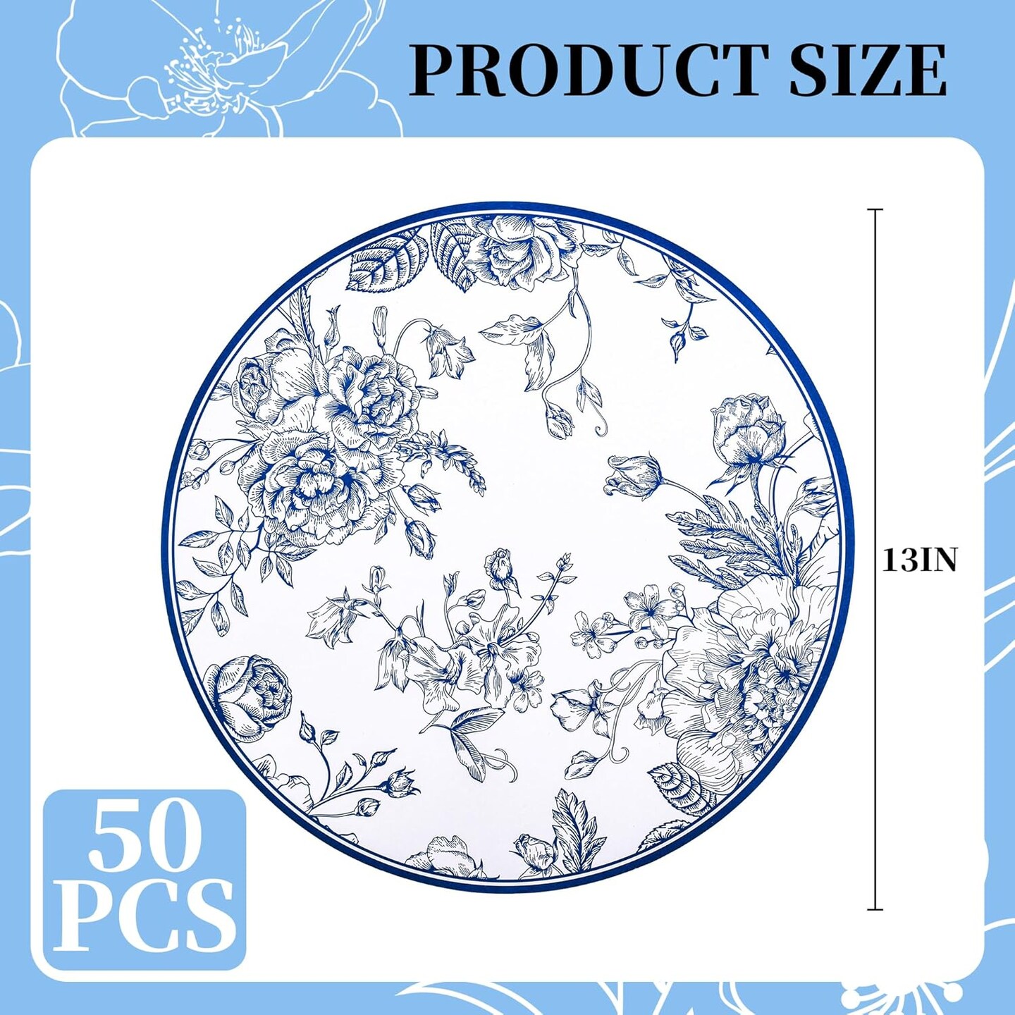 50Pcs Blue Floral Paper Placemats Chinoiserie Round Disposable Place Mats Blue Flower Banquet 13 Inch Paper Cutouts for Hanukkah Table Setting Wedding Birthday Party Supplies (Blue)