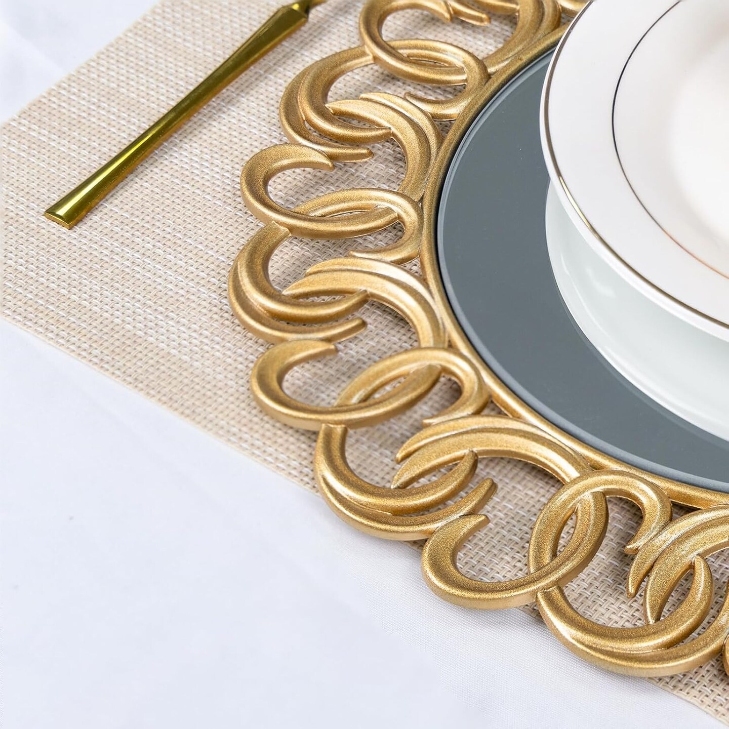 Gold Dinner Plates Set of 6, Mirror Chargers With Entwined Swirl Rim, Round Chargers for Table Setting, Wedding