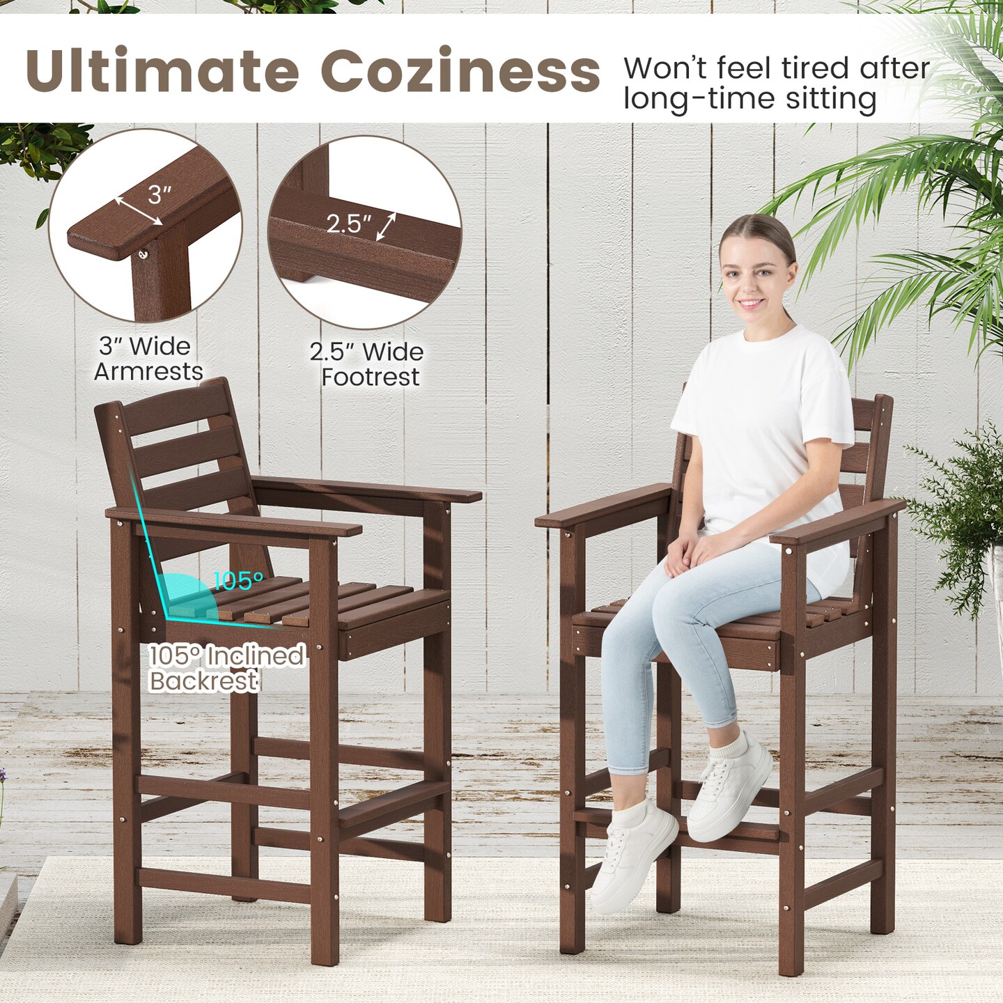 Set of 2 Patio HDPE Adirondack Bar Chairs with Wide Armrests and Inclined Backrest Perfect for Outdoor Use