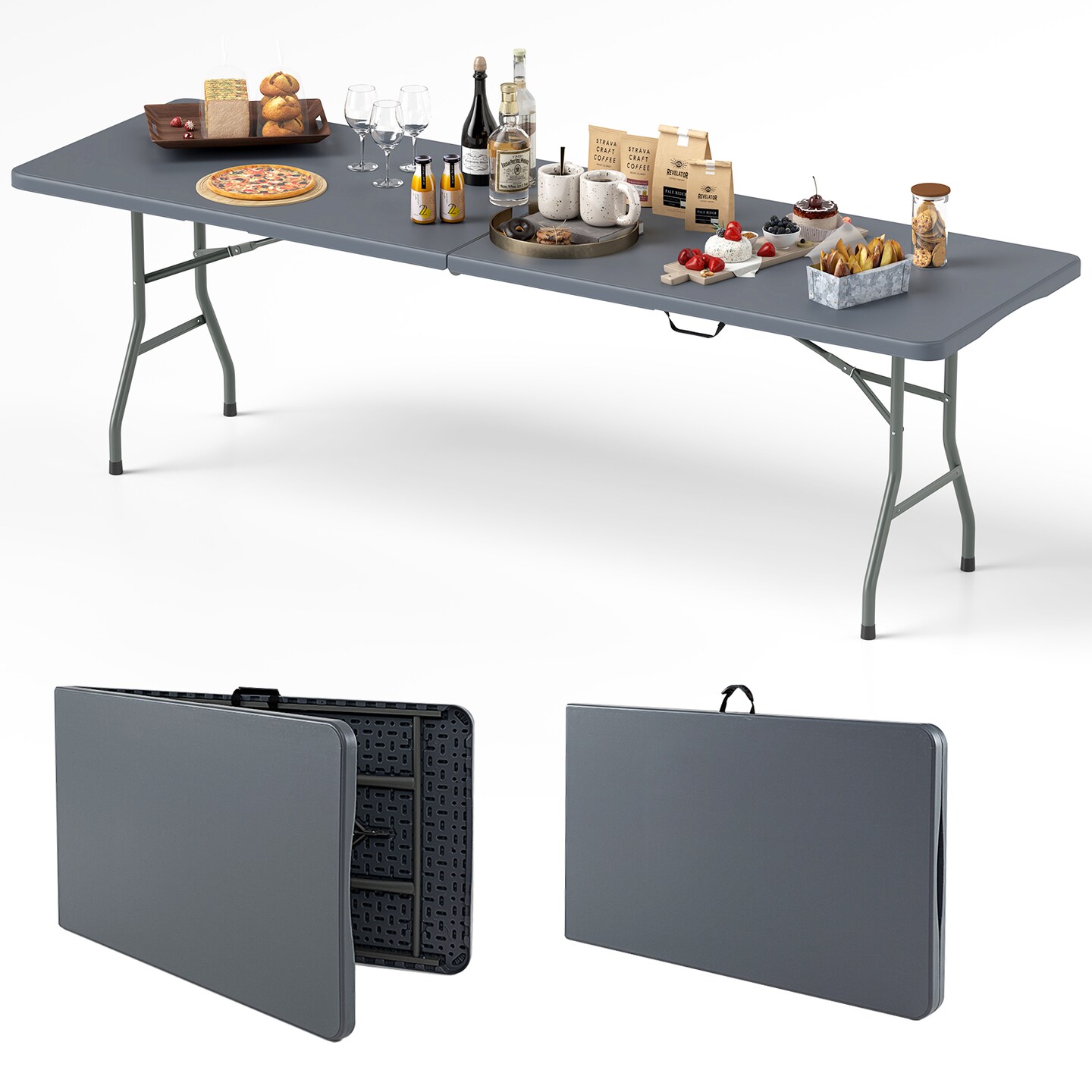 8 Feet Patio Portable Fold-in-Half Table with Robust Metal Legs and Joint Safety Lock