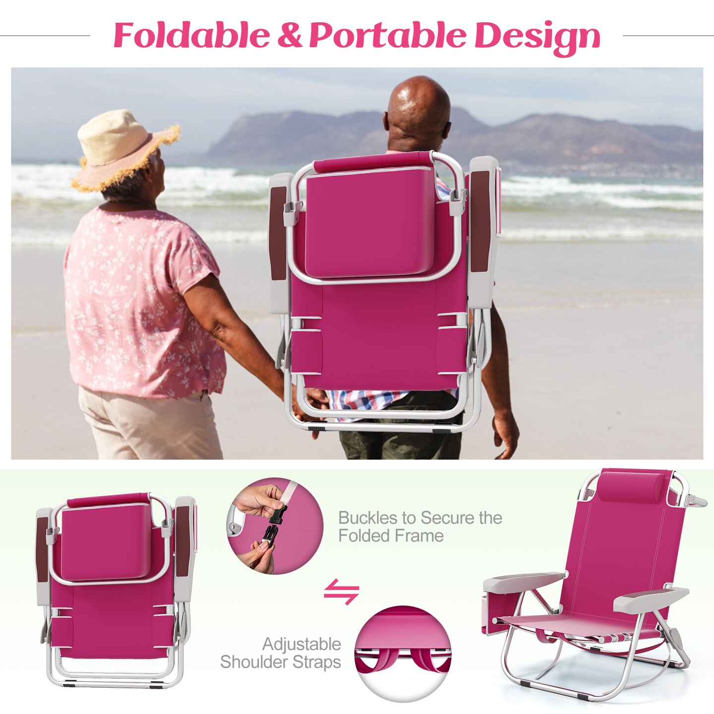 Aluminum Reclining Beach Chairs with Storage Set of 2