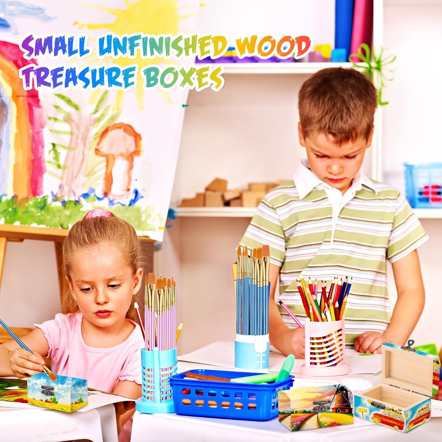 48 Pcs Unfinished Wooden Craft Boxes with 40 Paintbrushes Small Wooden Boxes Treasure Chest with Lid and Clasp Wood Storage Box for DIY Baby Shower Pirate Decor