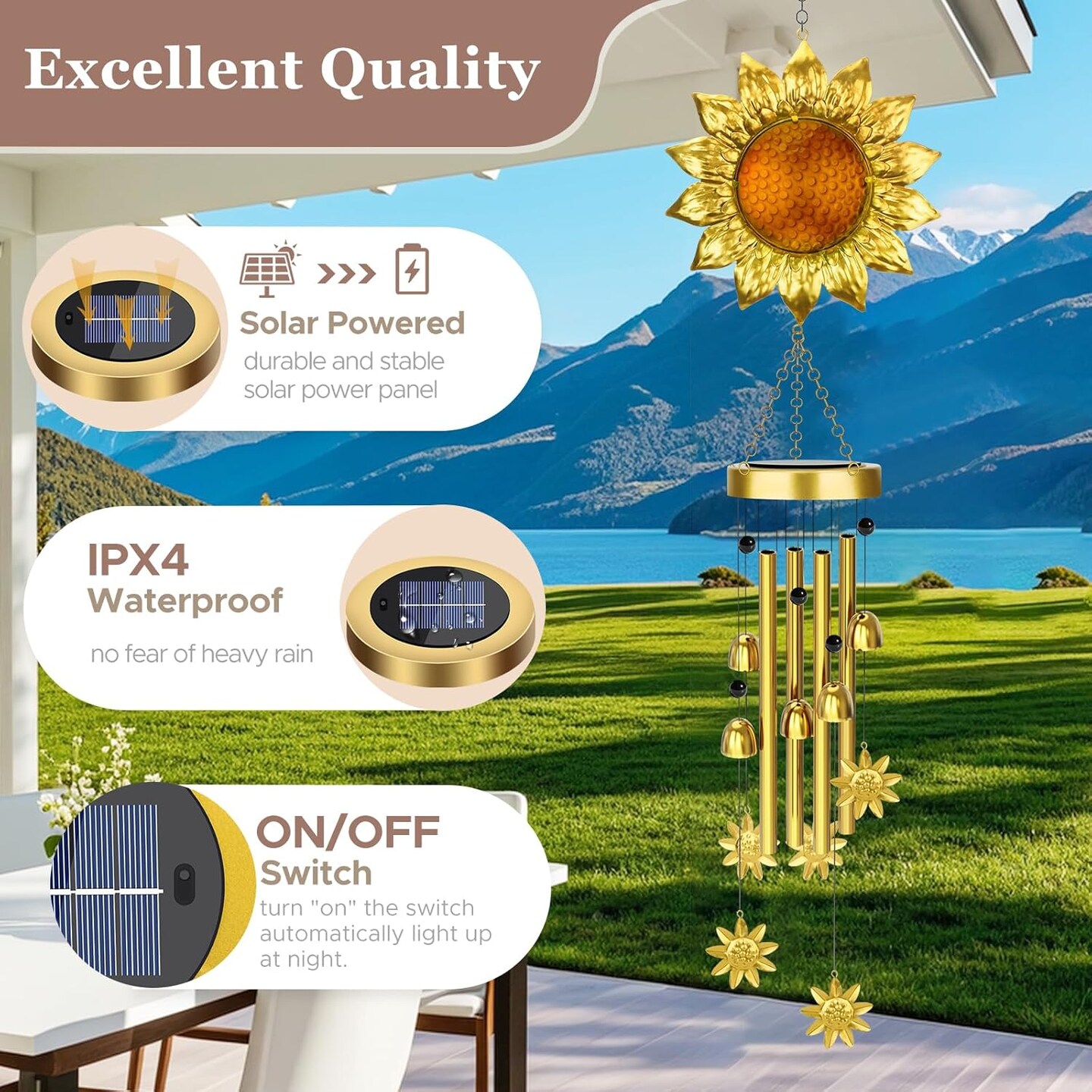 Sunflower Solar Wind Chimes for Outside, Waterproof Metal and Glass Wind Chimes Outdoors