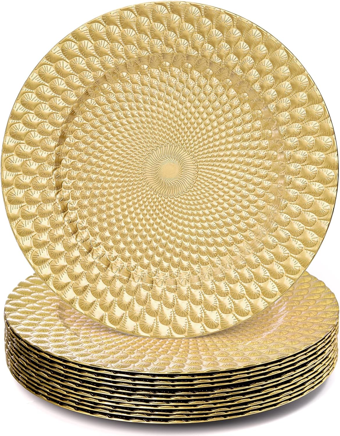 12 Pack Gold Charger Plates, 13&#x22; Plastic Round Decorative Dinner Under Plate, Reusable Elegant Peacock Service Chargers for Wedding Christmas Thanksgiving, Party Table Place Setting