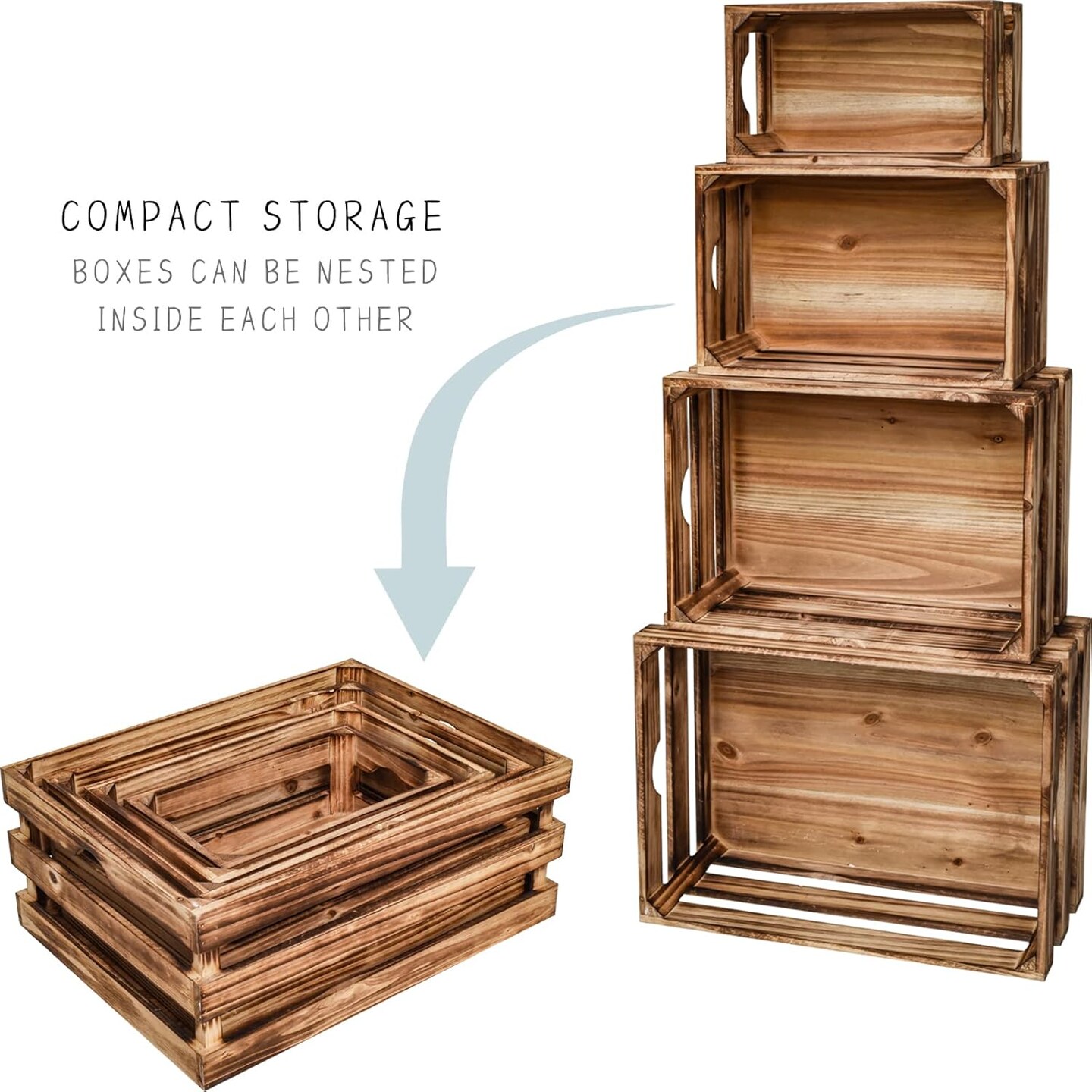 Large Wooden Crates Set of 4 Decorative Storage Box with Handles, Rustic Torched Brown Farmhouse Wooden Crates for Display, Organizer Container Baskets Box for Kitchen, Pantry, Bedroom