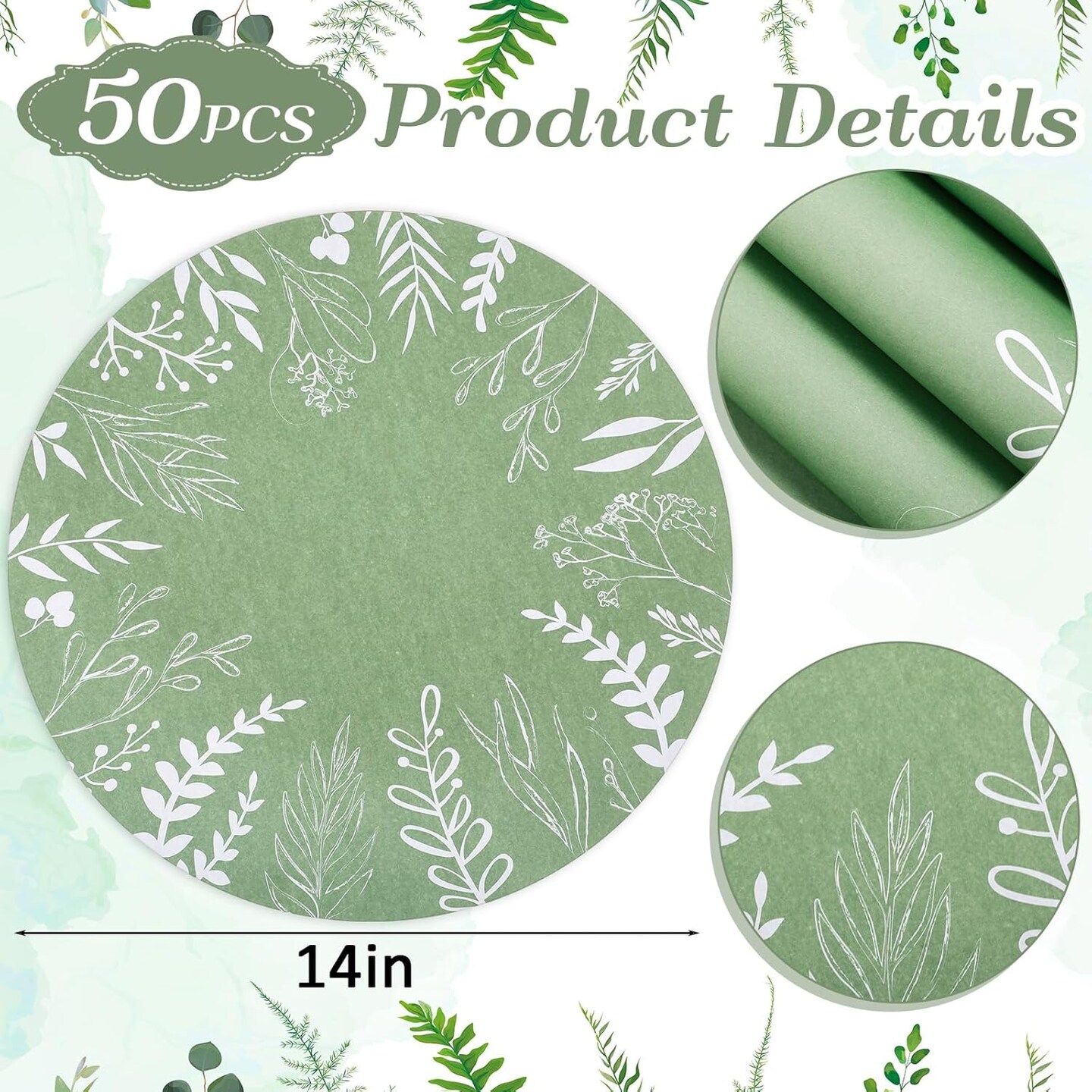 50 Pcs 14 Inch Disposable Placemats Eucalyptus Leaves Round Placemats Seasonal Paper Round Table Mats for Dining Decoration (Sage Green)