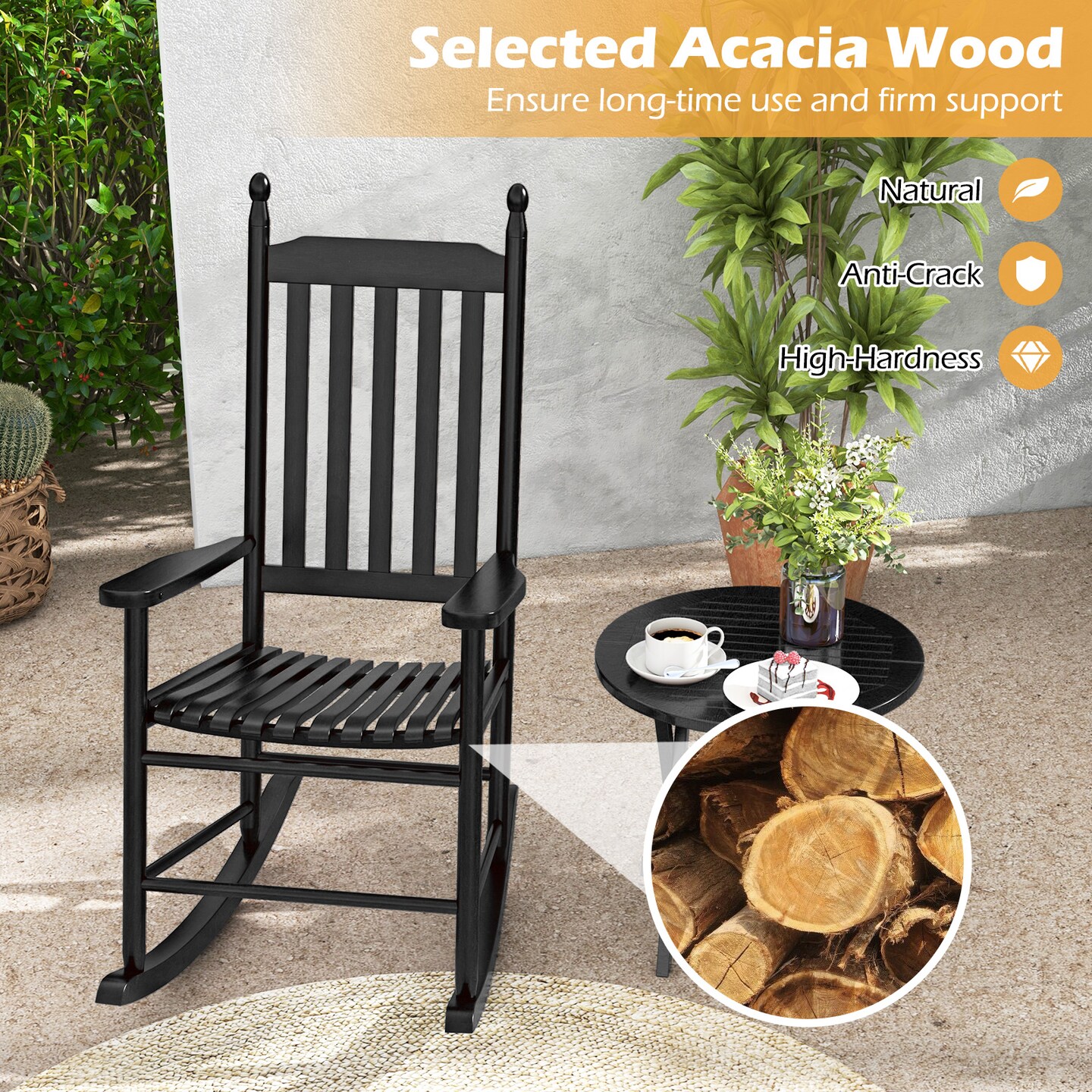 Acacia Wood Rocking Chair with Ergonomic Seat &#x26; Gentle Rocking Motion