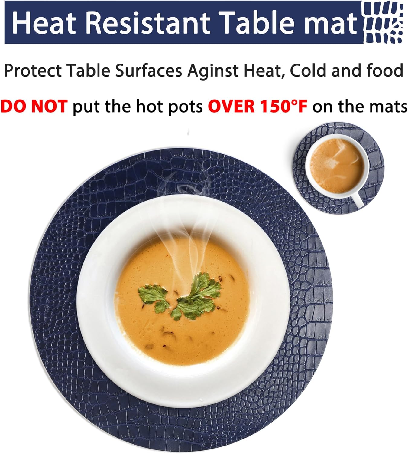 Round Leather Placemats for Round Tables Set of 4, Blue Table Place Mats and Coasters