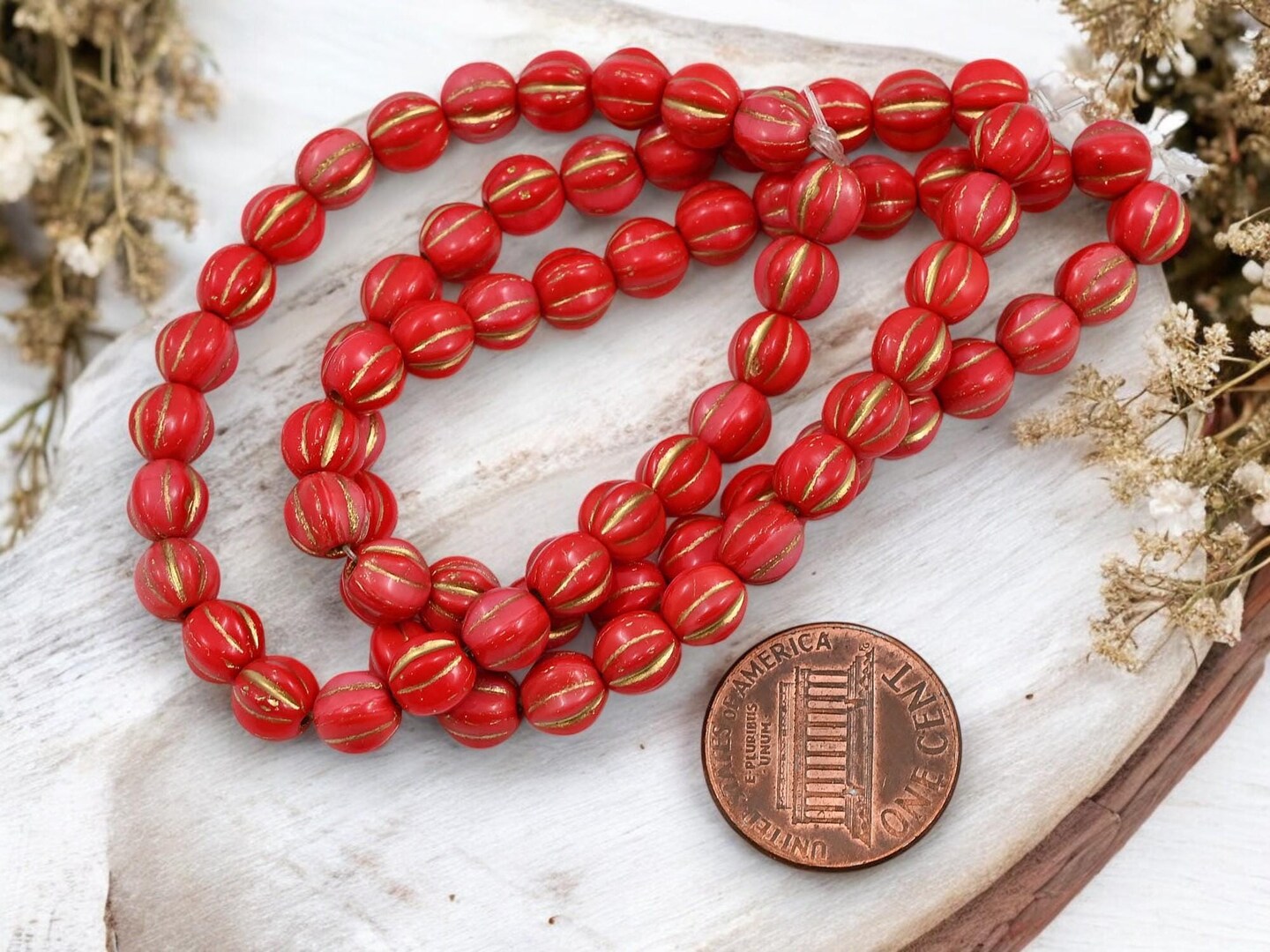 *25* 6mm Bronze Washed Opaque Coral Red Fluted Round Melon Beads