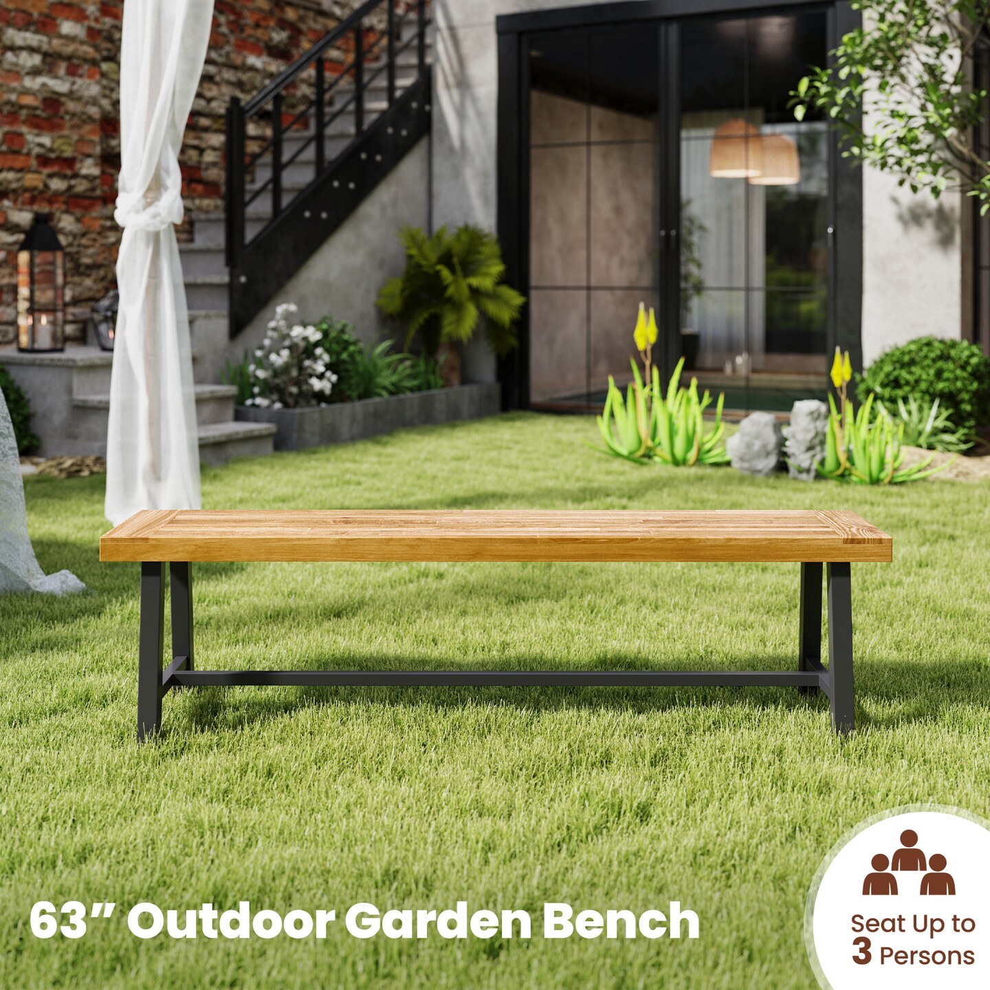63 Inch Acacia Patio Wood Outdoor Backless Bench with Metal Frame Ideal for Patio Seating