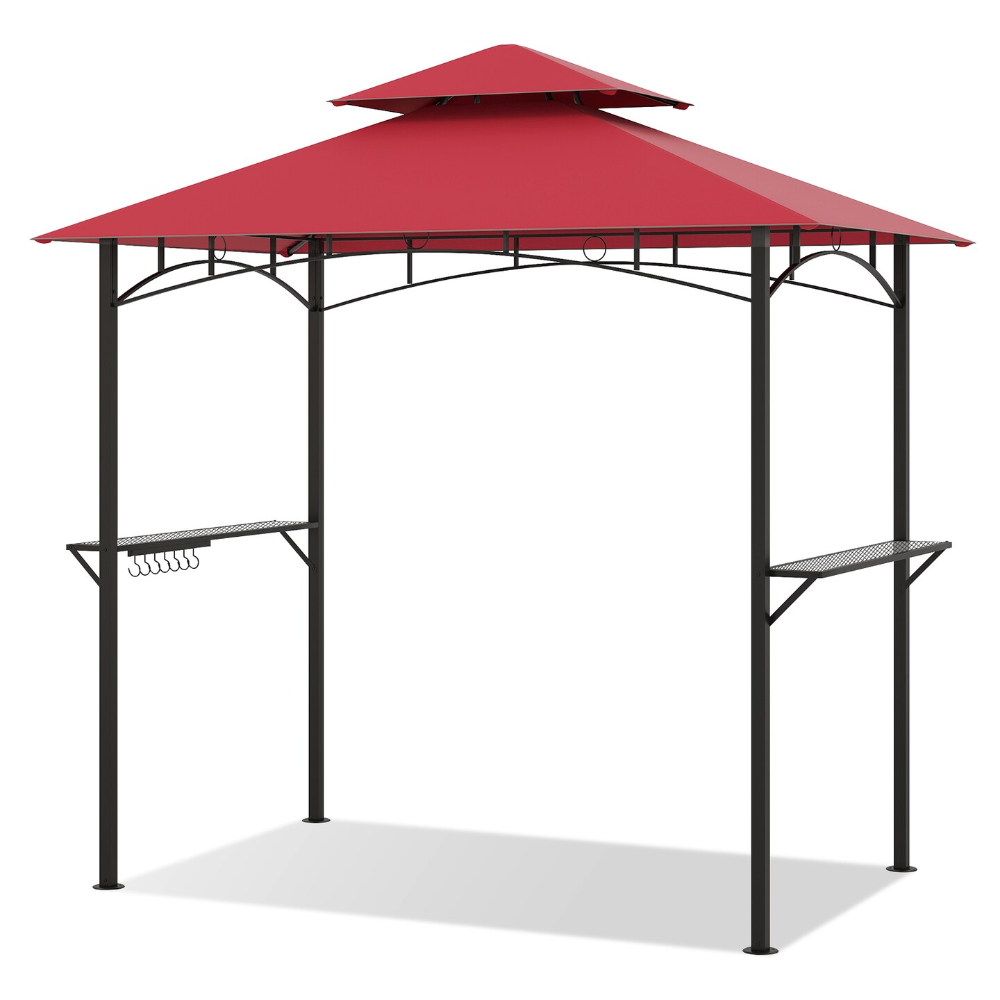 Multi-functional Outdoor Double-Tiered Grill Gazebo Canopy with 2 Side Shelves and 7 Hooks
