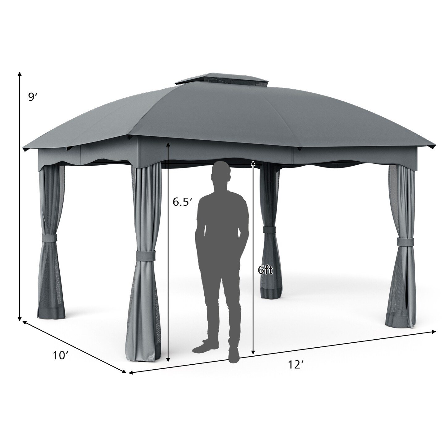Polyester and Steel Gazebo with Mesh Walls, Curtains and Double Roof