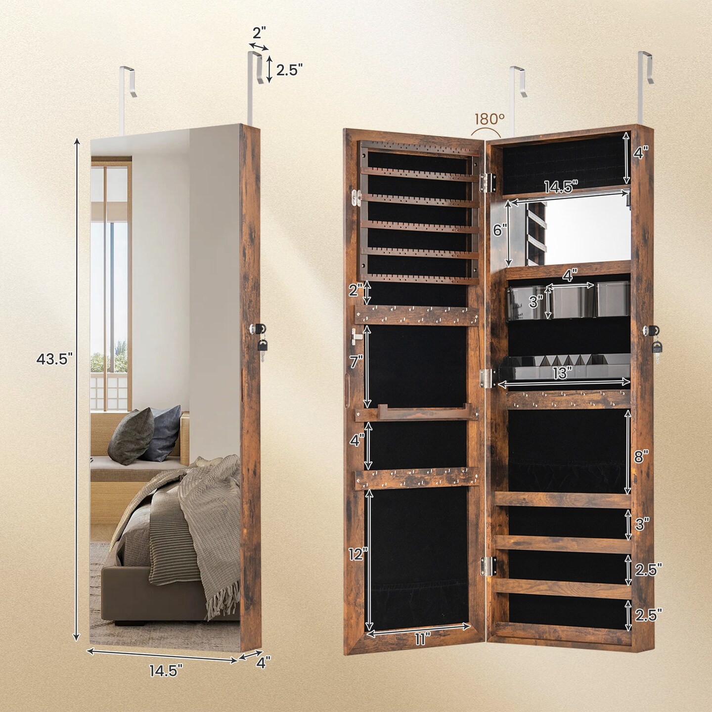 43.5 Inch Jewelry Mirror Cabinet with Full-length Mirror and Adjustable Hangers