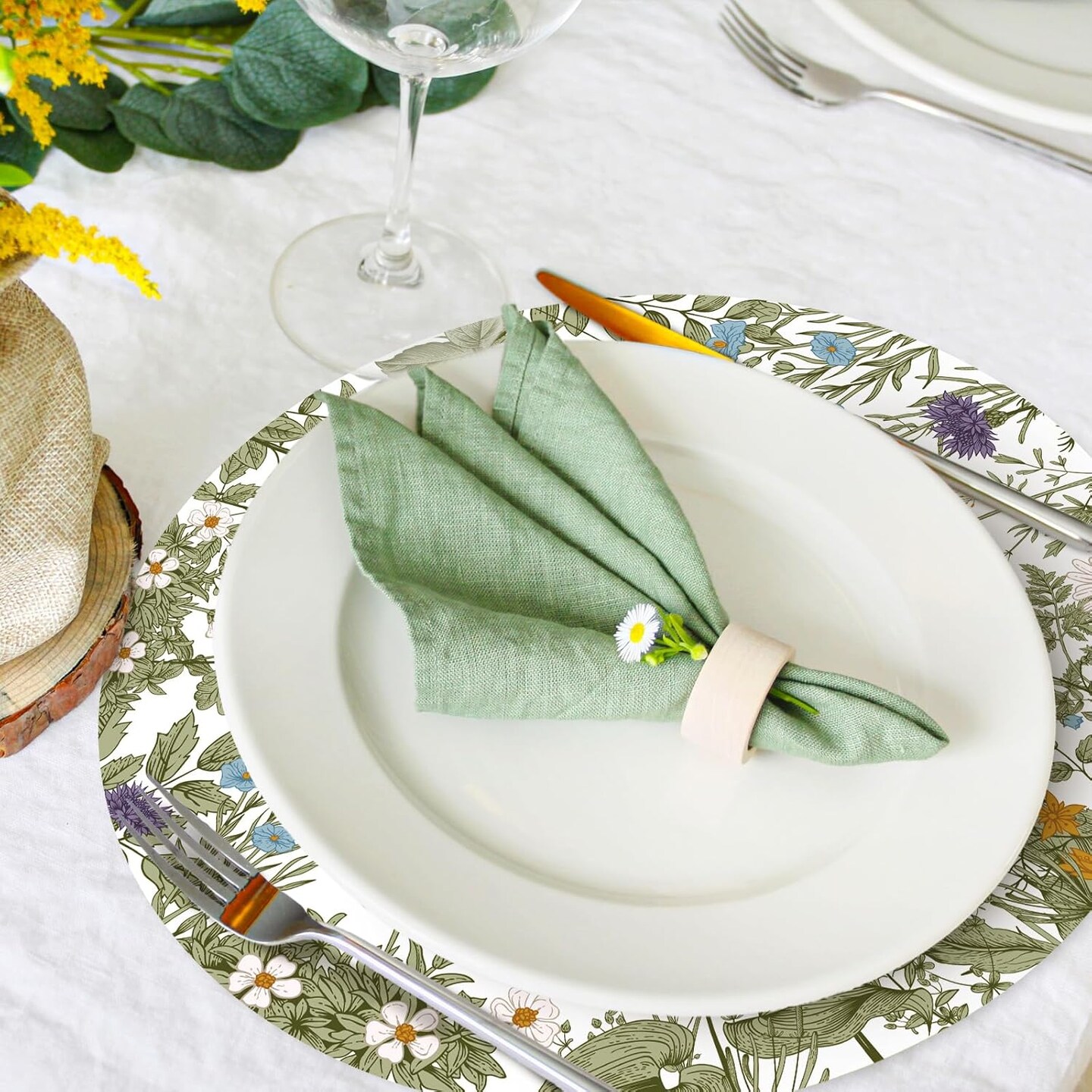 50 Sheets Vintage Wildflower Round Paper Placemat Greenery Wild Floral Decorative Paper Table Mat for Spring Wedding Bridal Shower Party Dinner Table Setting, 13 Inch