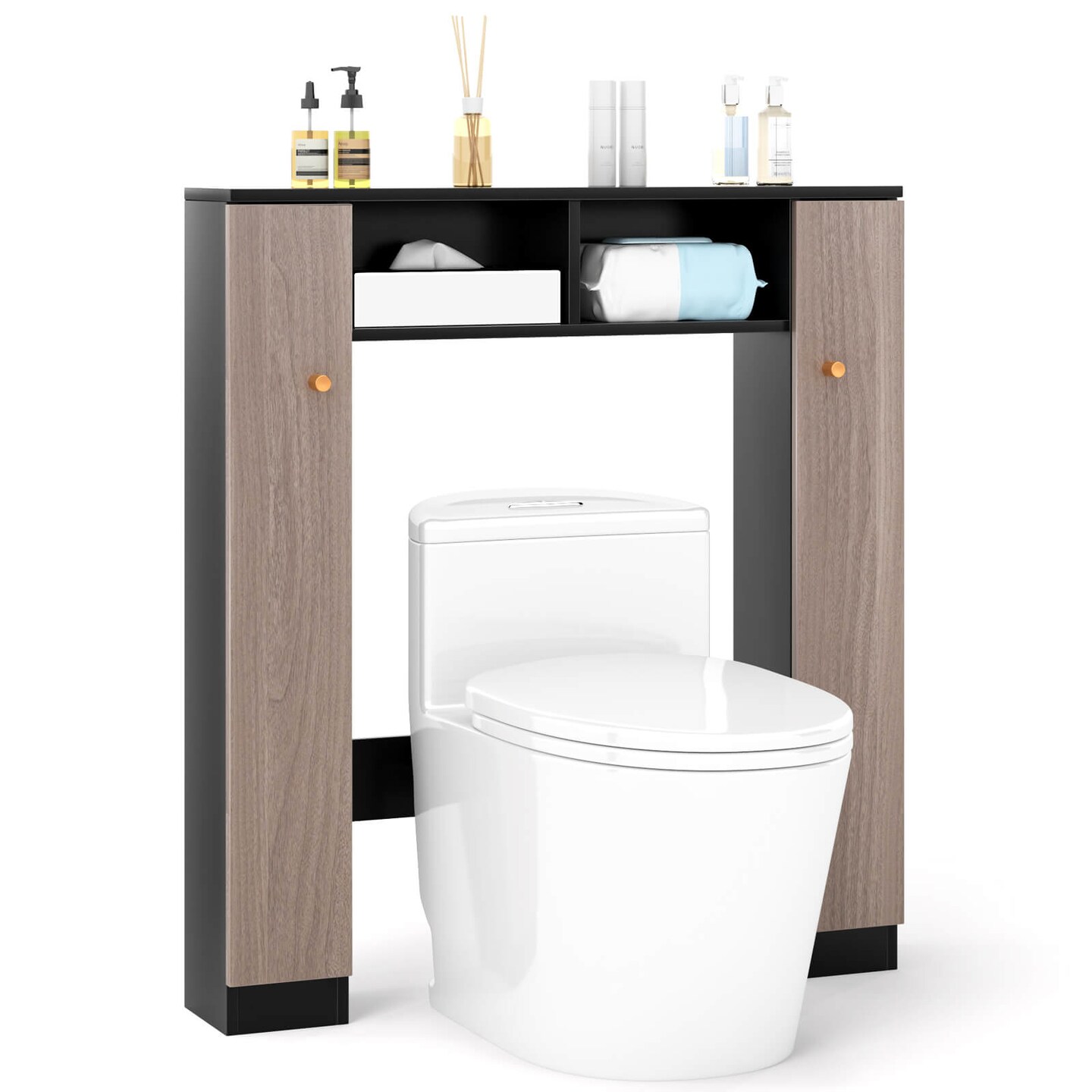 Costway Over The Toilet Storage Cabinet Double Door Bathroom Toilet Storage Organizer Natural/White