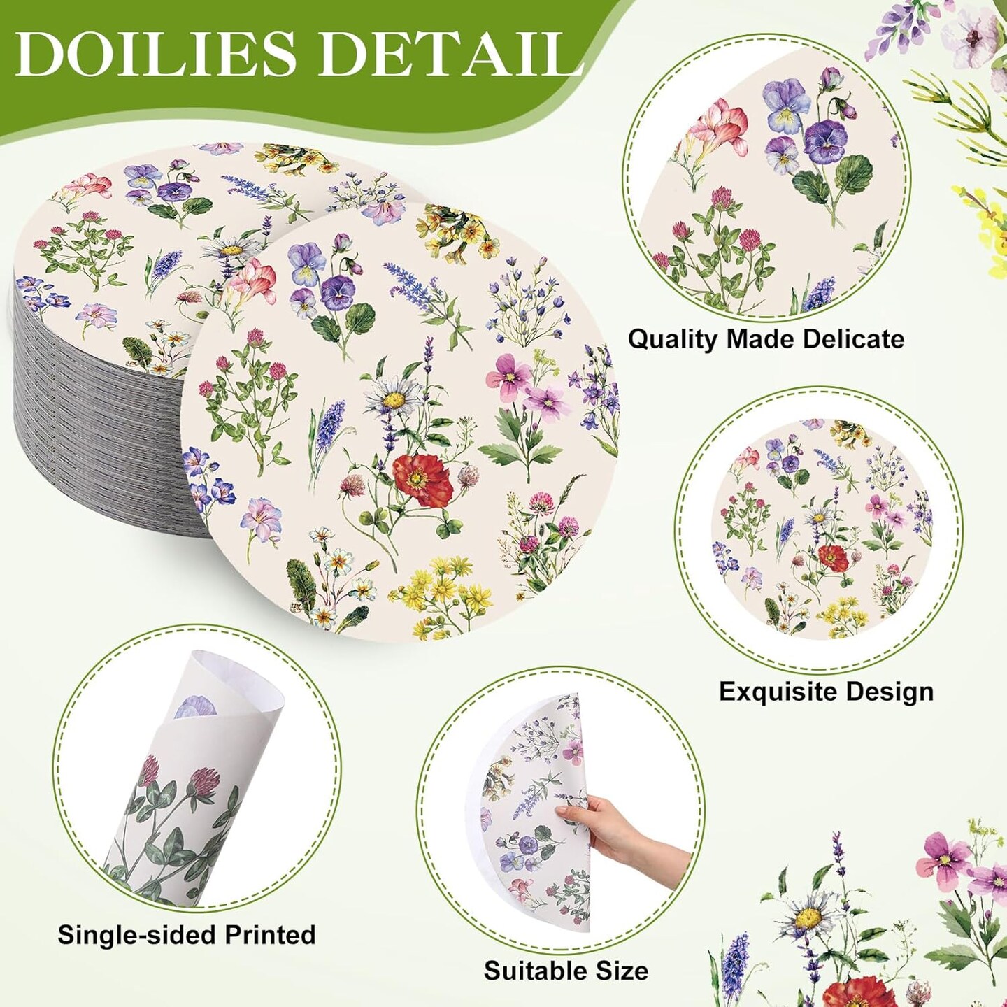 100 Pack Round Wildflowers Paper Placemats 13 Inch Vintage Floral Disposable Table Mats Paper Place Mats Dinnerware for Baby Shower Bridal Birthday Kitchen Wedding Party Supplies