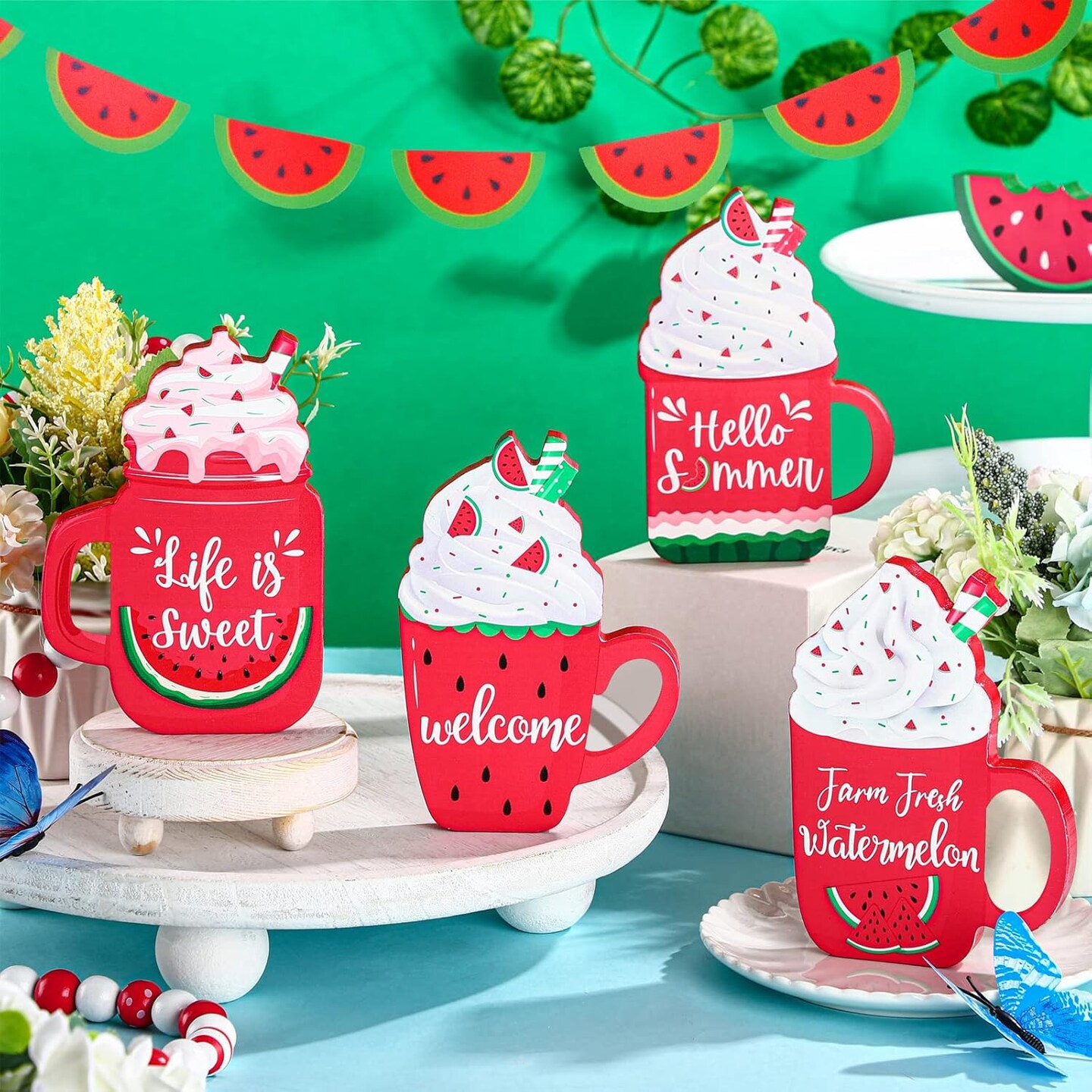 4 Pcs Watermelon Summer Wooden Tabletop Decor Wood Watermelon Decorations Self Standing 3D Rustic Farmhouse Summer Decor Wooden Block Signs for Home Kitchen Shelf Centerpiece