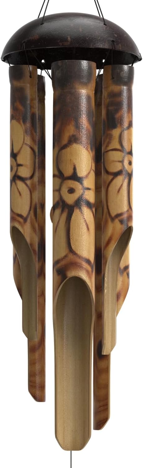 Rustic Bamboo Wind Chimes - Outside Outdoor Wooden Windchimes, Medium, Floral Burned Design with Coconut Crown, Handcrafted with Calming Deep Tones, Home Decor Ideal Gift for Him & Her