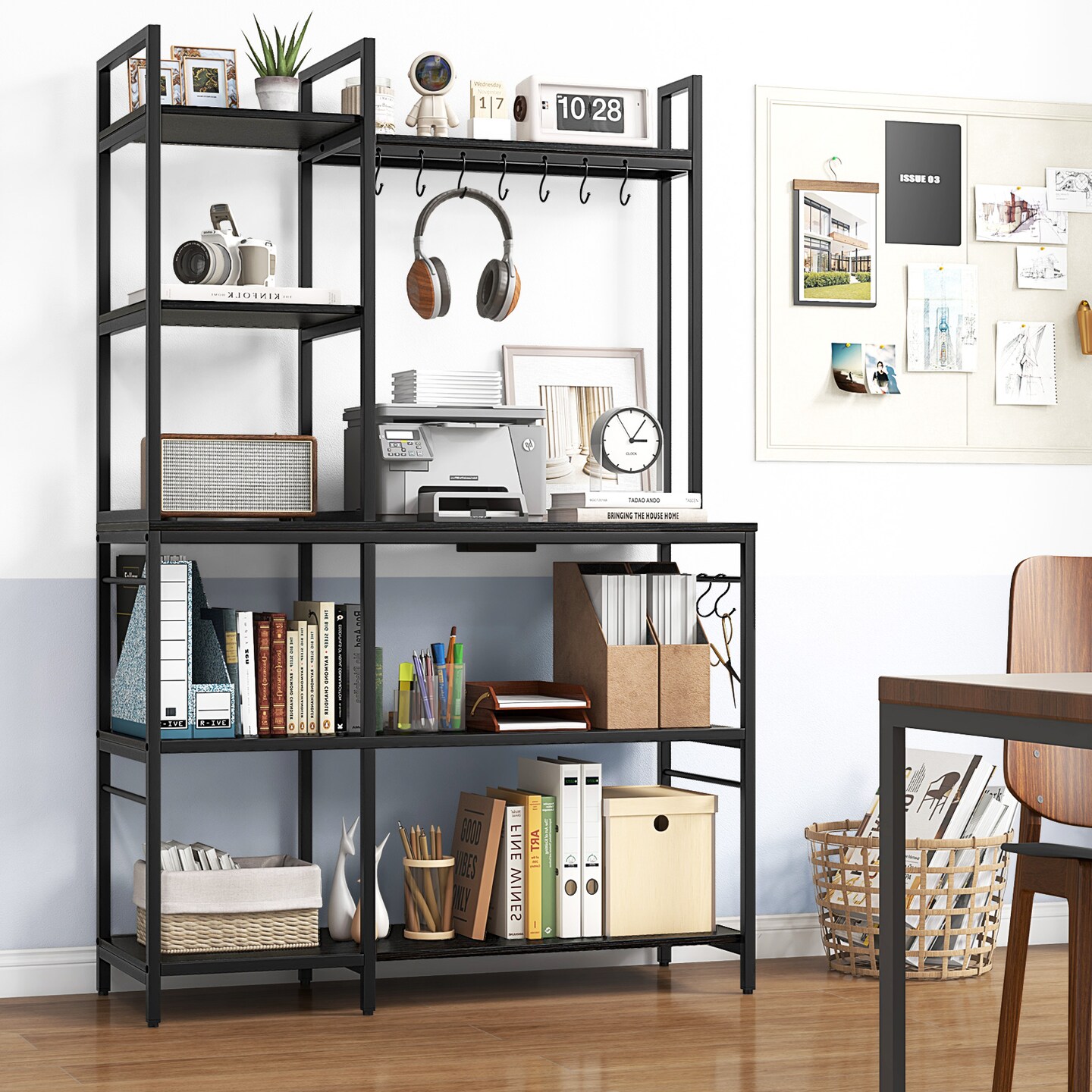 Metal and Wood Kitchen Backers Rack with Charging Ports, 5 Tiers and Anti-Tip Safety
