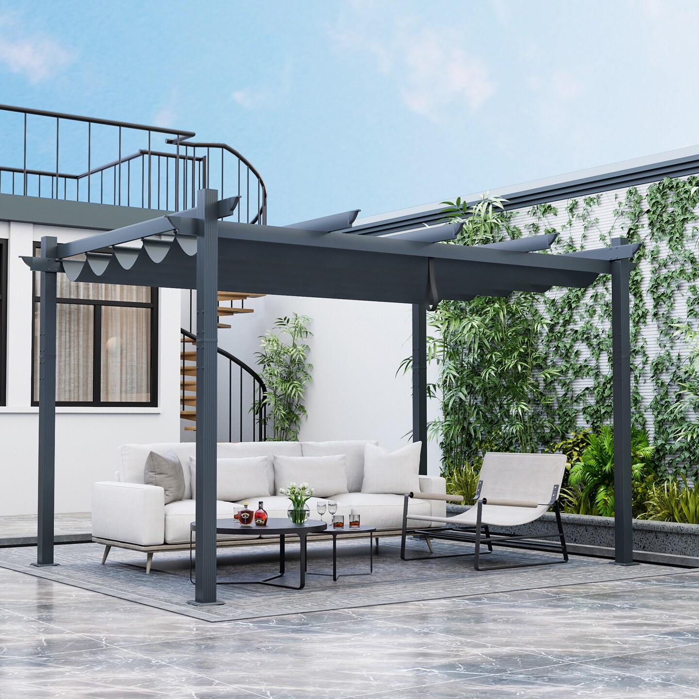 Retractable Pergola with Aluminum Frame and Sun Shelter