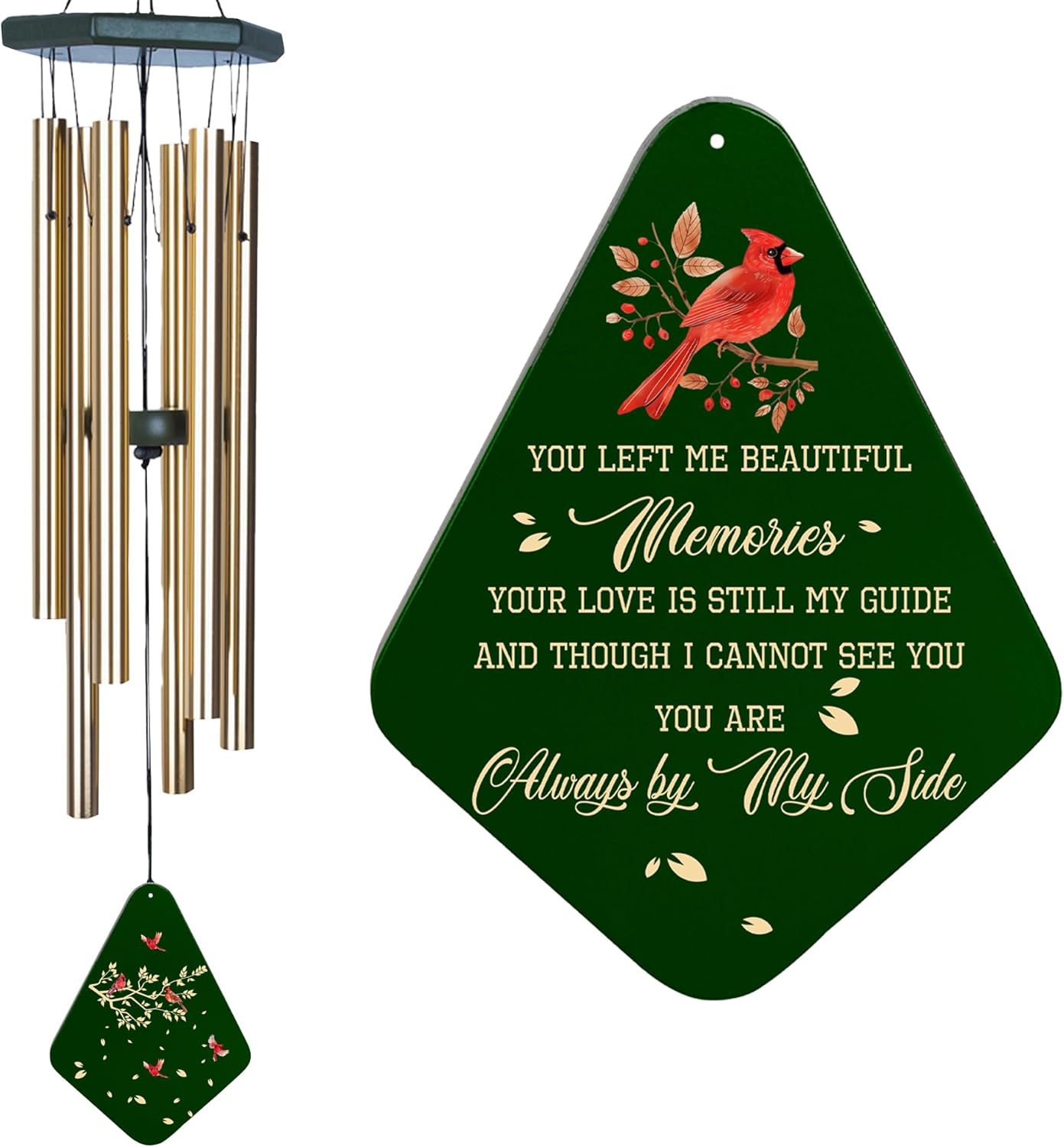 Memorial Wind Chimes for Loss of Loved One 32&#x27;&#x27;, Cardinal Wind Chimes in Memory of a Loved One, Cardinal Memorial Gift, Sympathy Bereavement Condolence Gift,Green