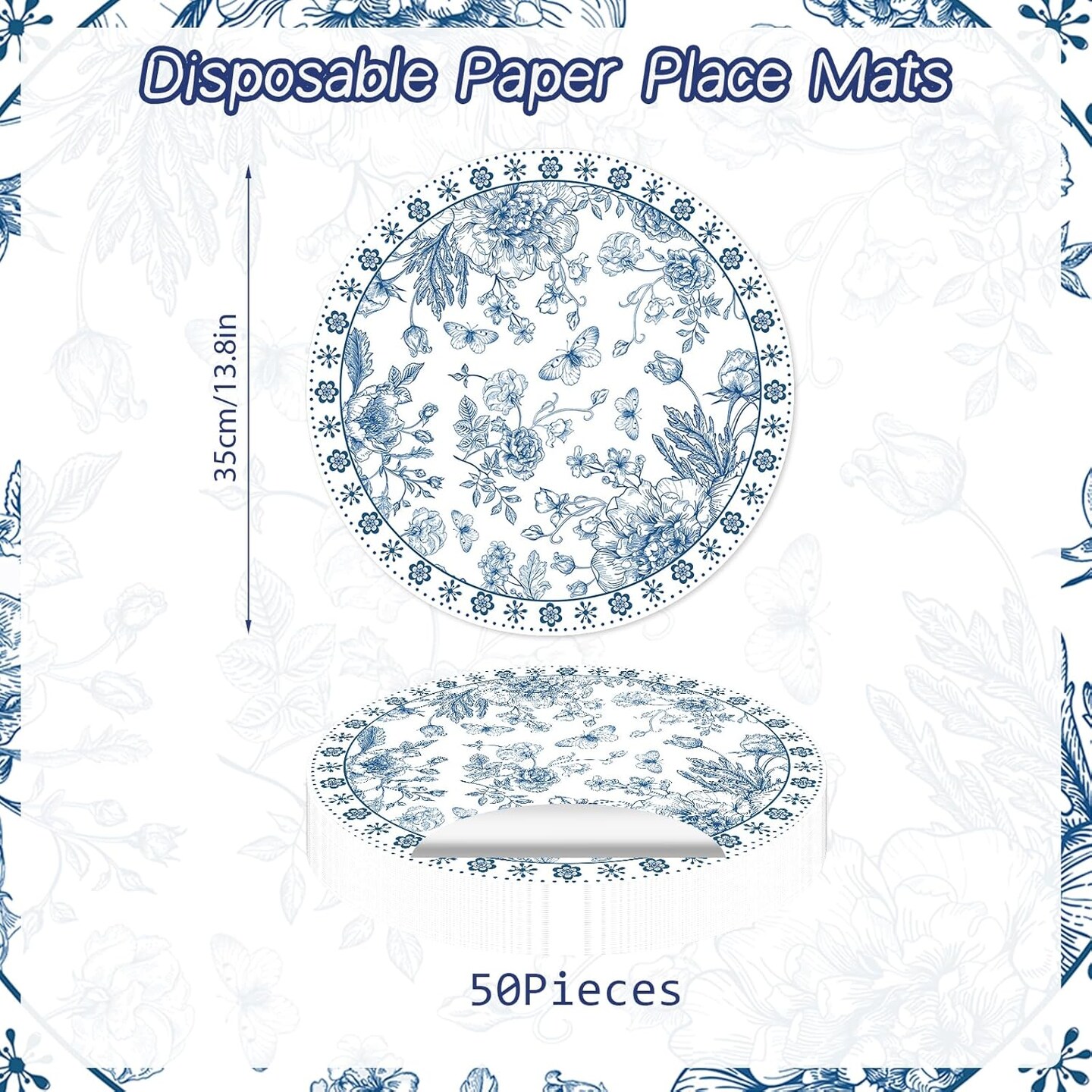 Paper Placemats Disposable 50 Pack Blue Floral Place Mats 13.7 Inch Chinoiserie Round Table Mats for Dinner Table Setting Birthday Wedding Party Supplies (Chinoiserie)