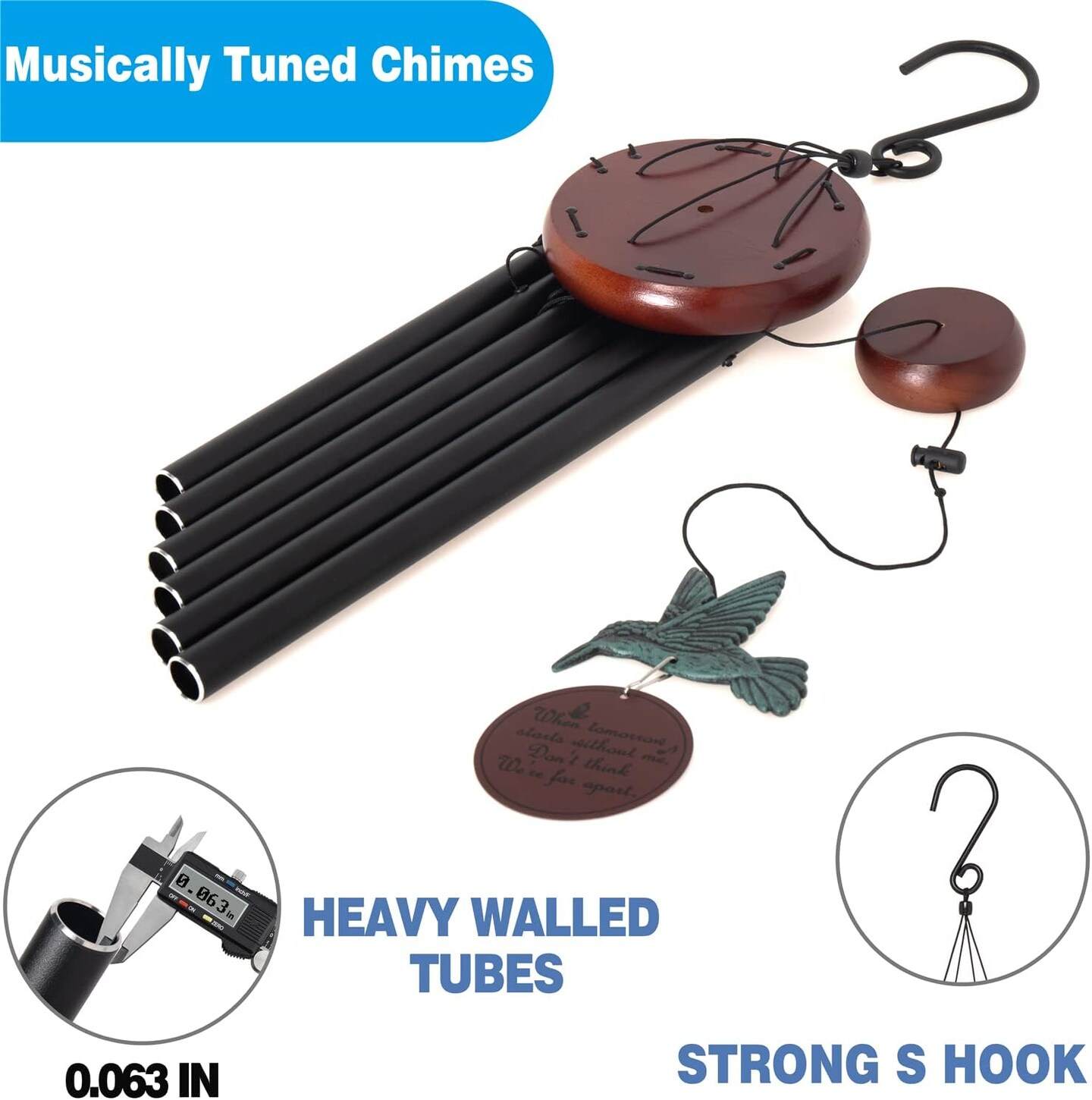 Memorial Wind Chimes Outdoor with Hummingbird Wind Spinner, Deep Tone Large Sympathy Windchime 33&#x22; with 6 Heavy Tuned Tubes Gift for Patio, Porch, Garden, Backyard