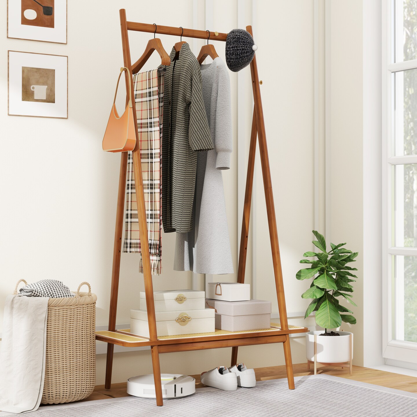 Wicker Clothes Rack with Hanging Rod Rattan Shelf and Copper Hooks