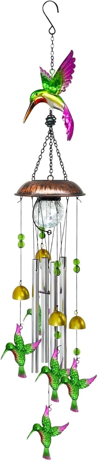 Solar Wind Chimes for Outside, 33.5 Inch Hummingbird Wind Chimes Outdoors with Crackled Glass Ball Decorative