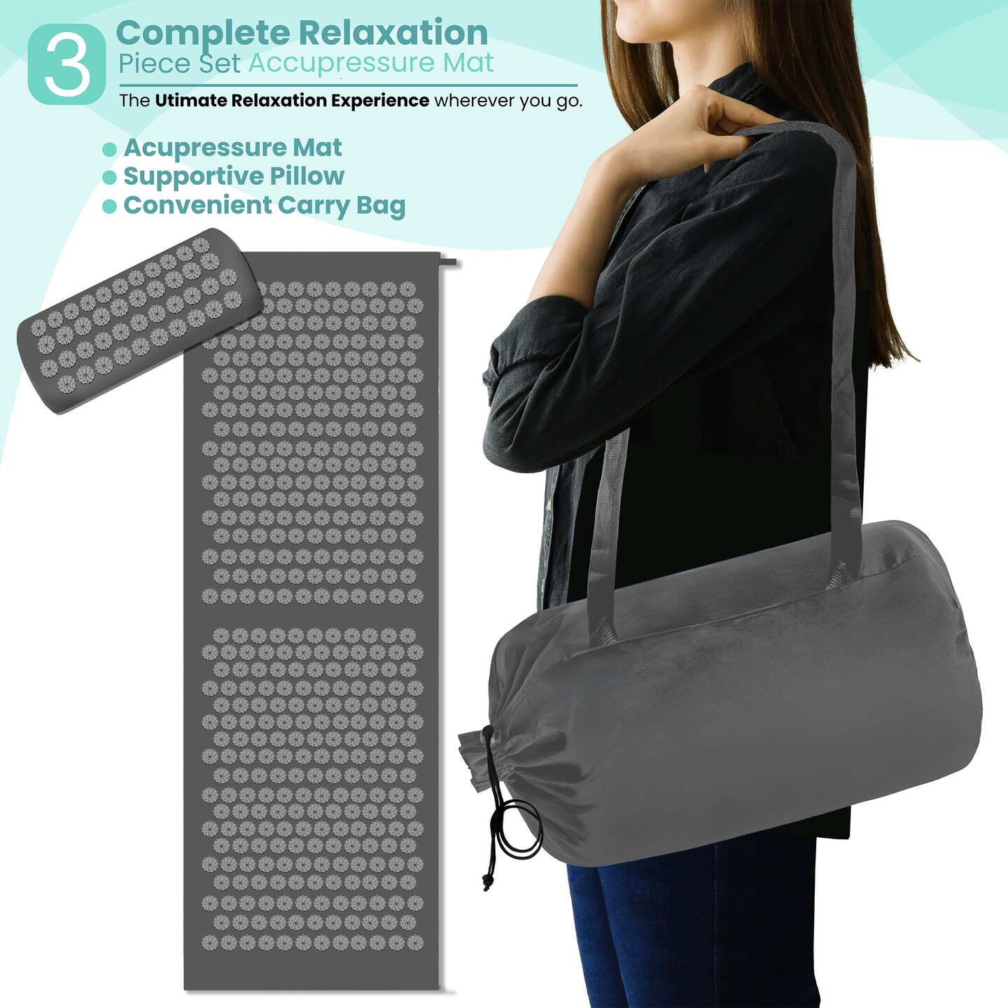 Acupressure Mat and Pillow Set - Grounding Mat for Stress, Back &#x26; Neck Pain - Acupuncture Point Massage Mat for Muscle Relaxation, Sciatica, &#x26; Meditation - Includes Carry Bag