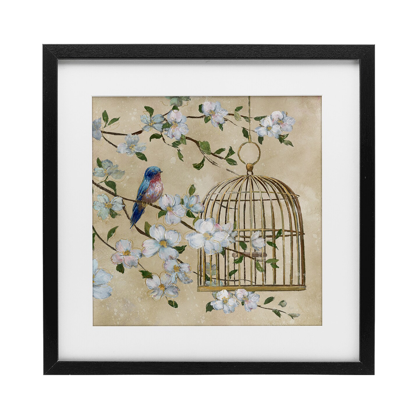 Stupell Industries Evening Song Birdcage Over Beige Framed Print Under Glass, design by Nan