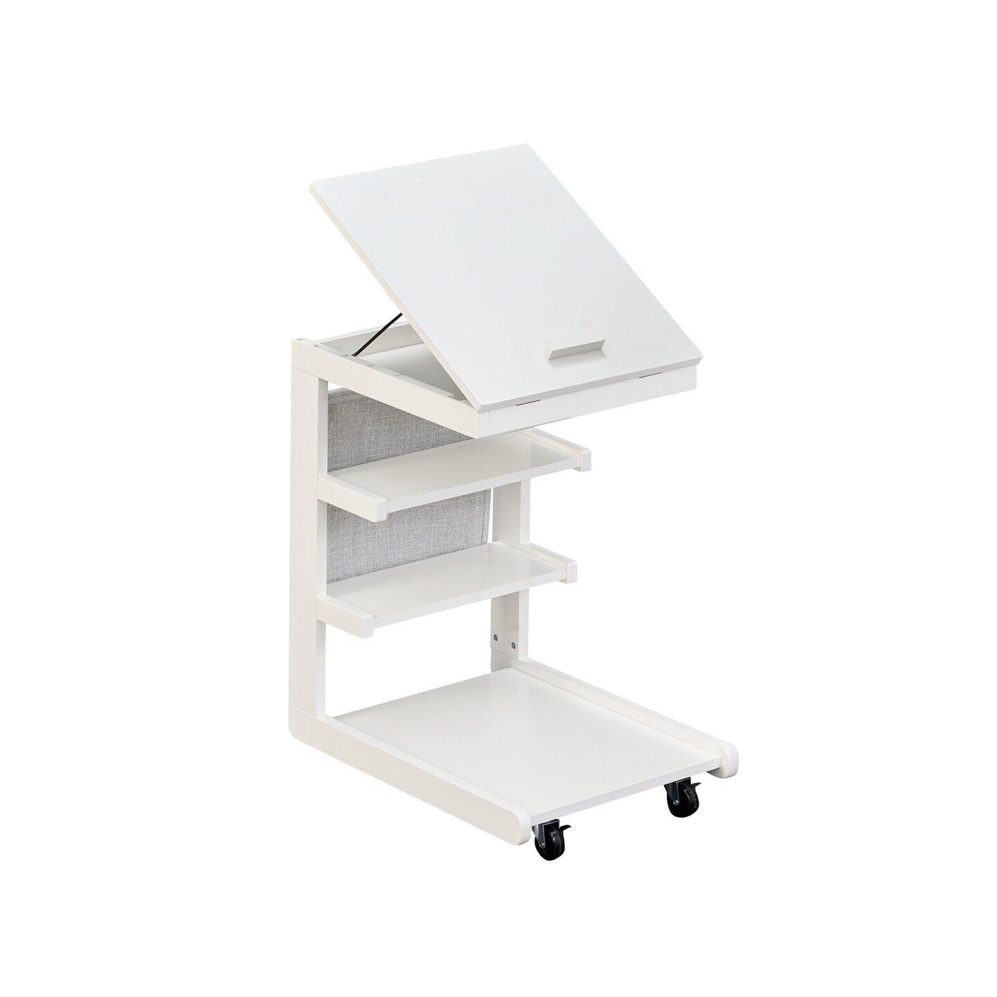C-Shaped Rolling Table Tiltable Desktop 3 Shelves Hidden Compartment