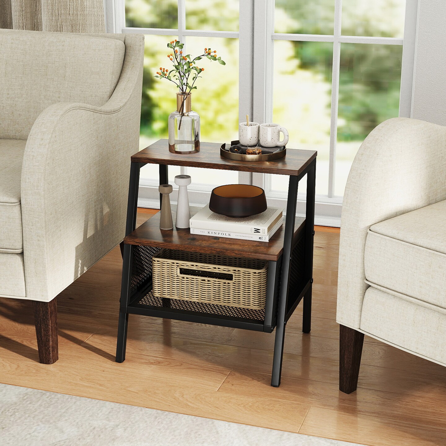 3-Tier Industrial End Table with 2 Open Shelves and Mesh Storage
