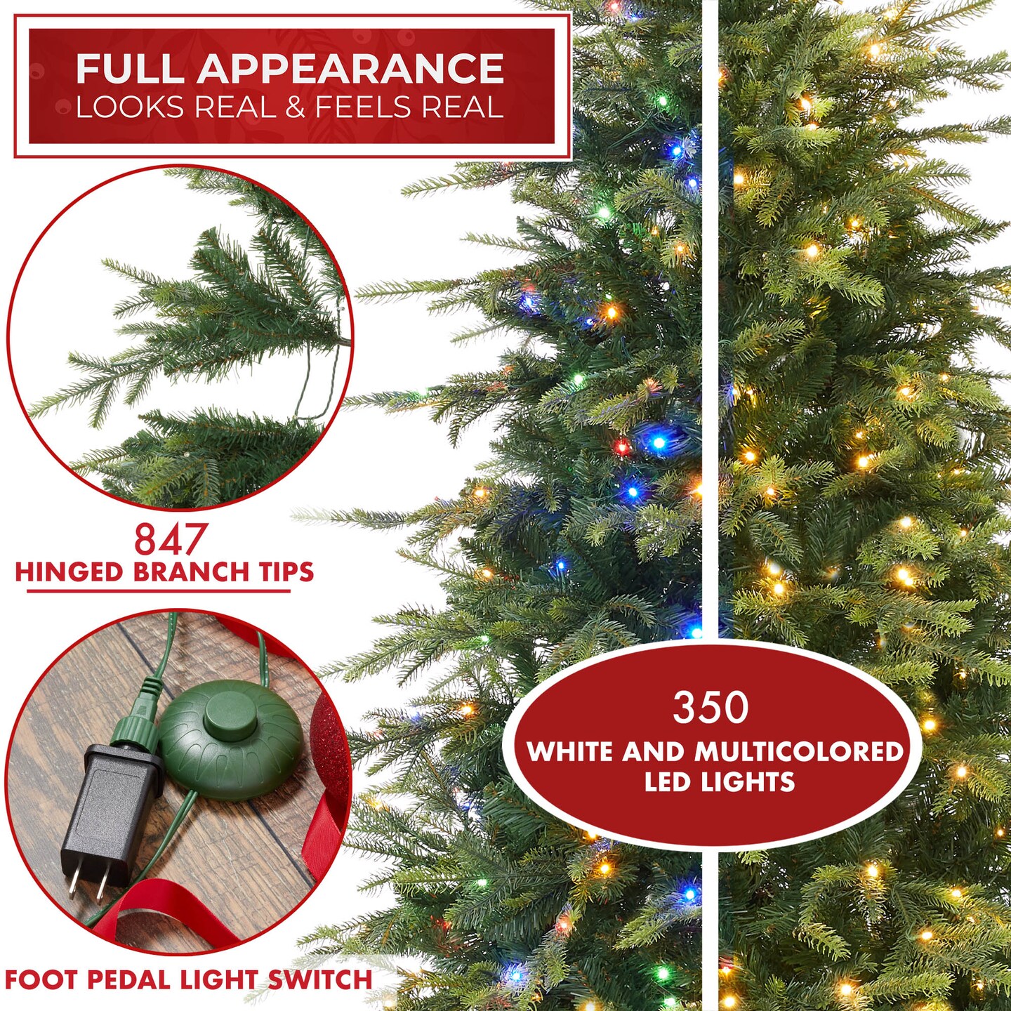 Casafield Pre-Lit Slim Aspen Fir Christmas Tree with White &#x26; Multicolored LED Lights, Realistic Artificial Noble Fir with Metal Stand