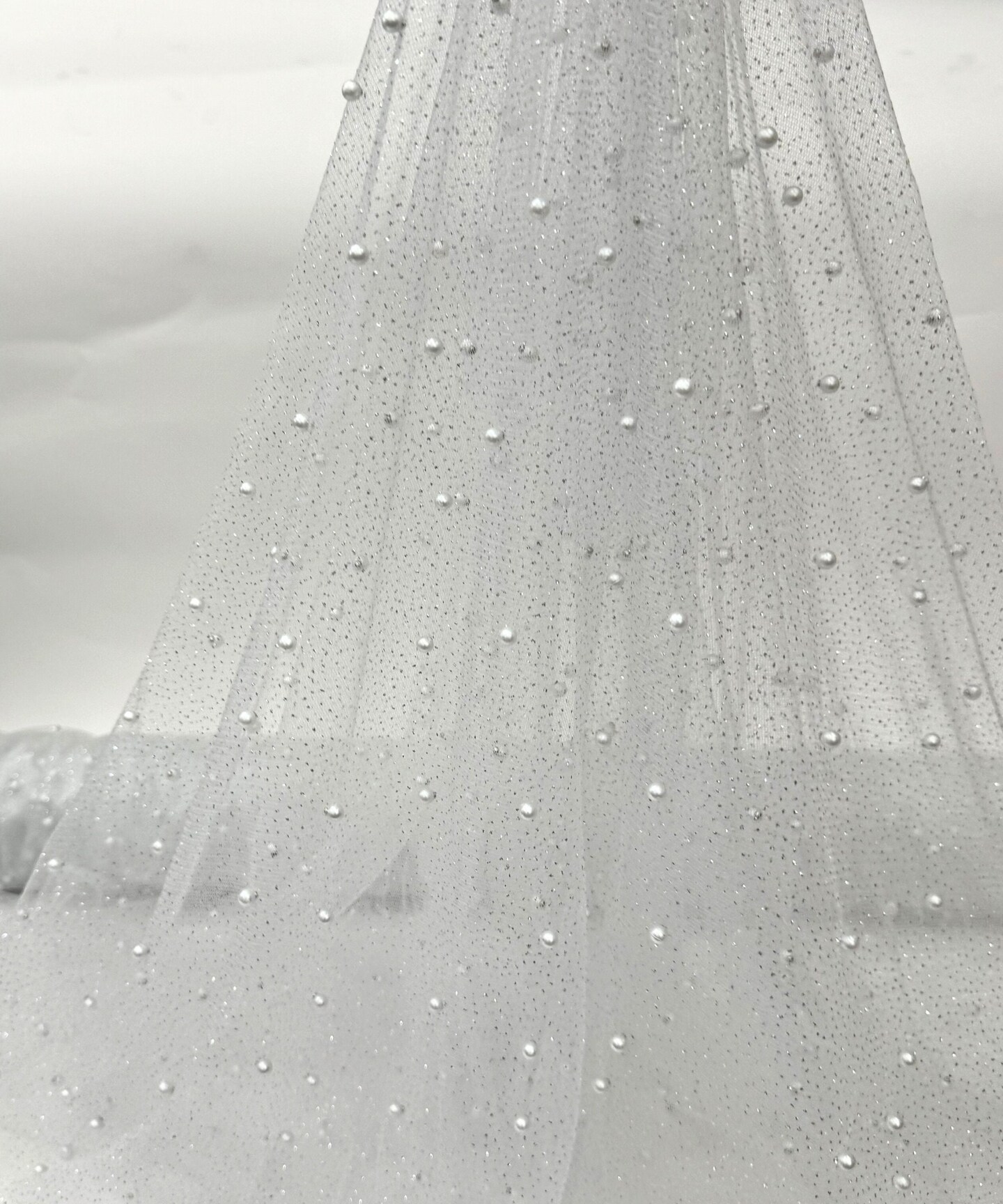 Off White Pearl Tulle Fabric by the Yard, 60" Wide Soft Pearl Scattered Mesh
